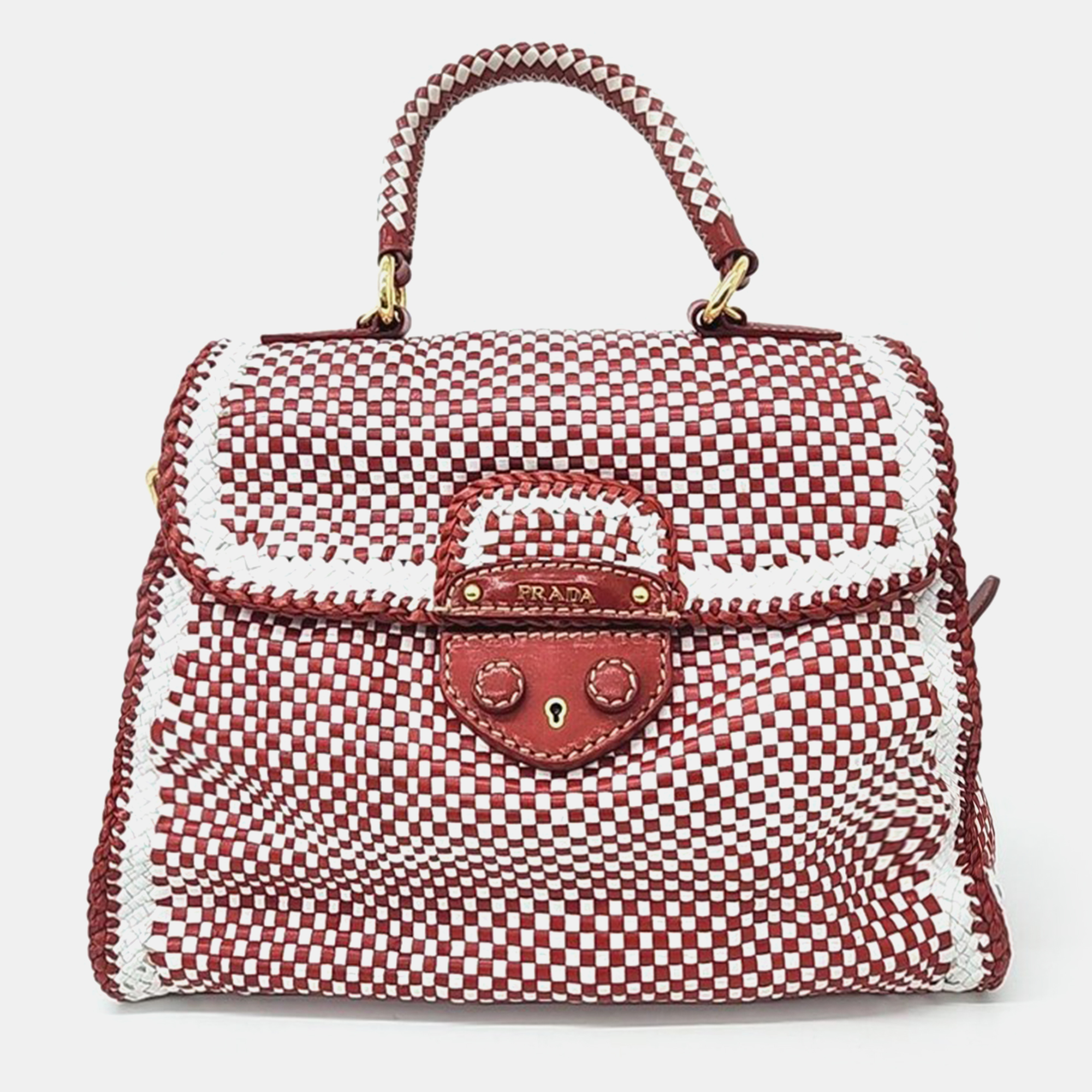 

Prada Red/White Leather Madras Tote Bag