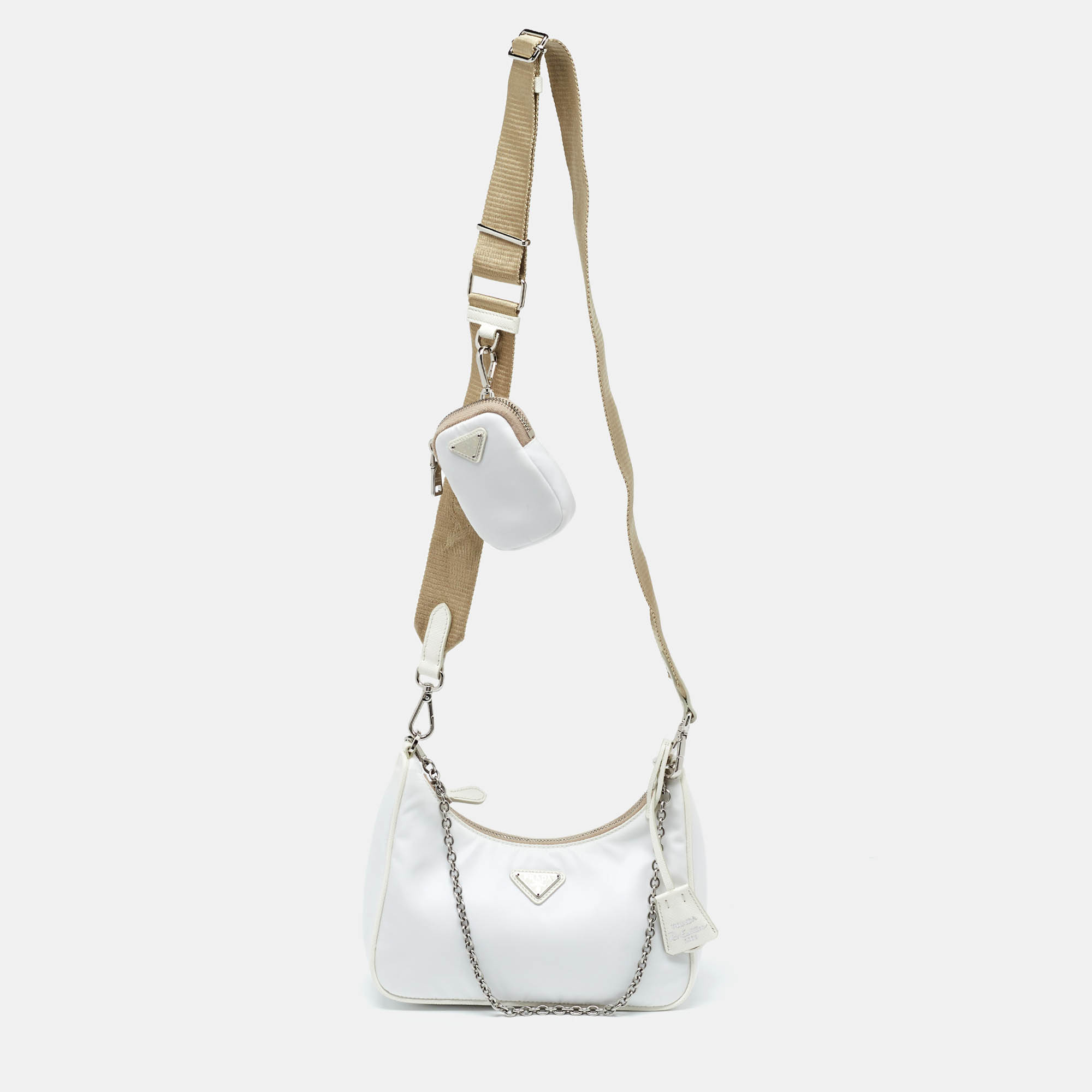 Pre-owned Prada White Nylon And Saffiano Lux Leather Re-edition 2005 Crossbody Bag