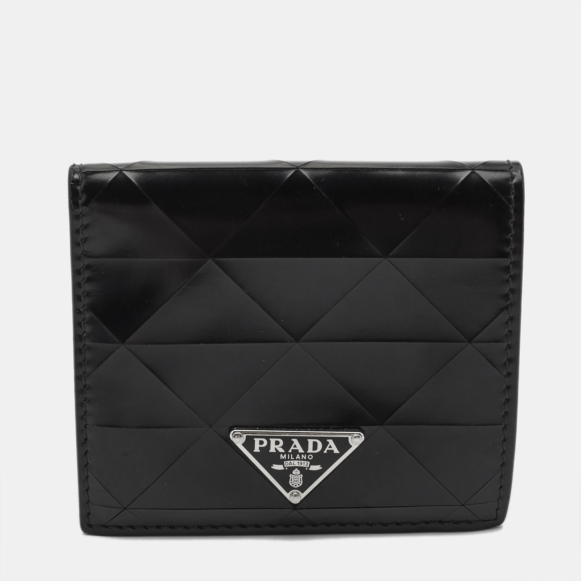 

Prada Black Glossy Triangle Quilt Leather Flap Card Case