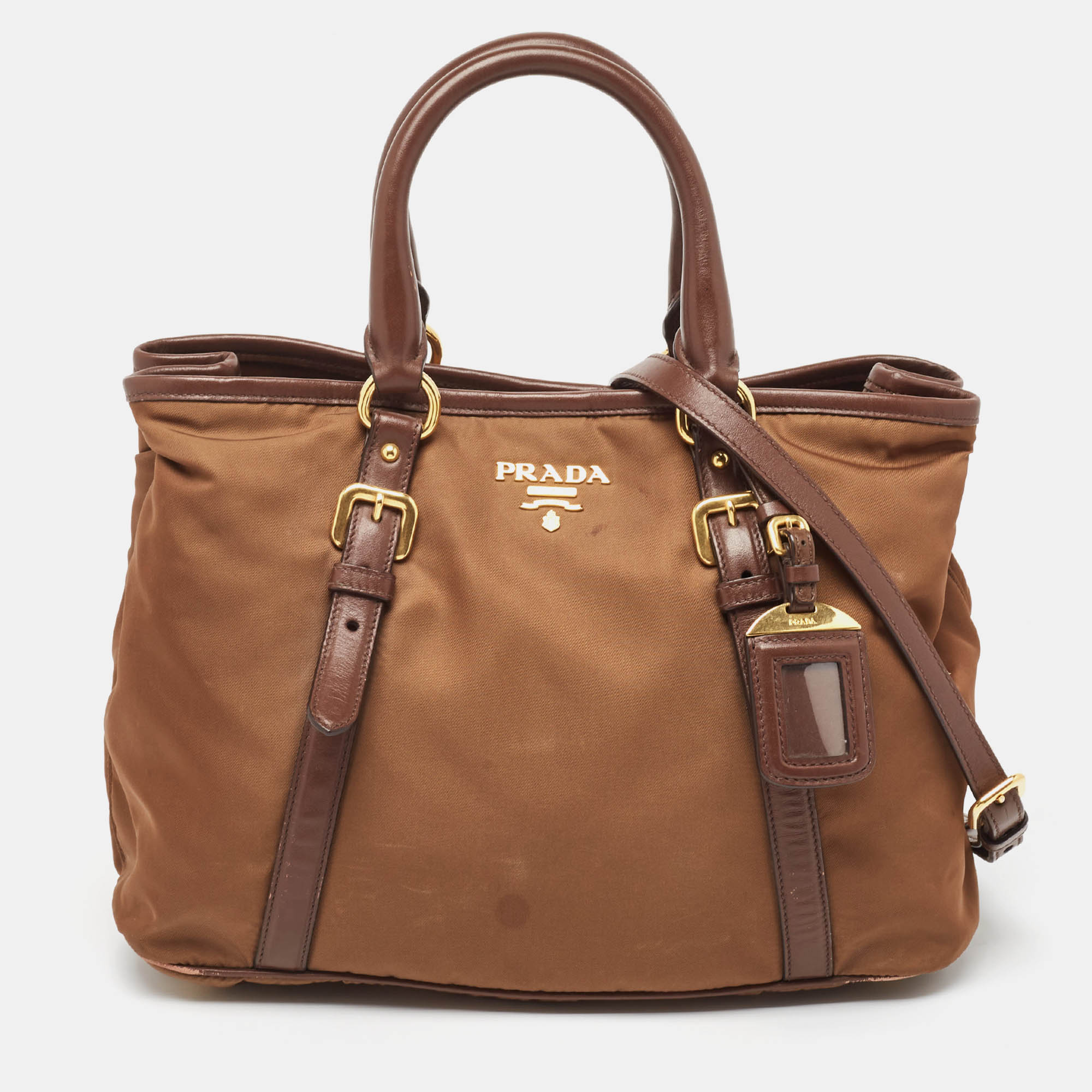 Pre-owned Prada Two Tone Brown Nylon And Leather Tote