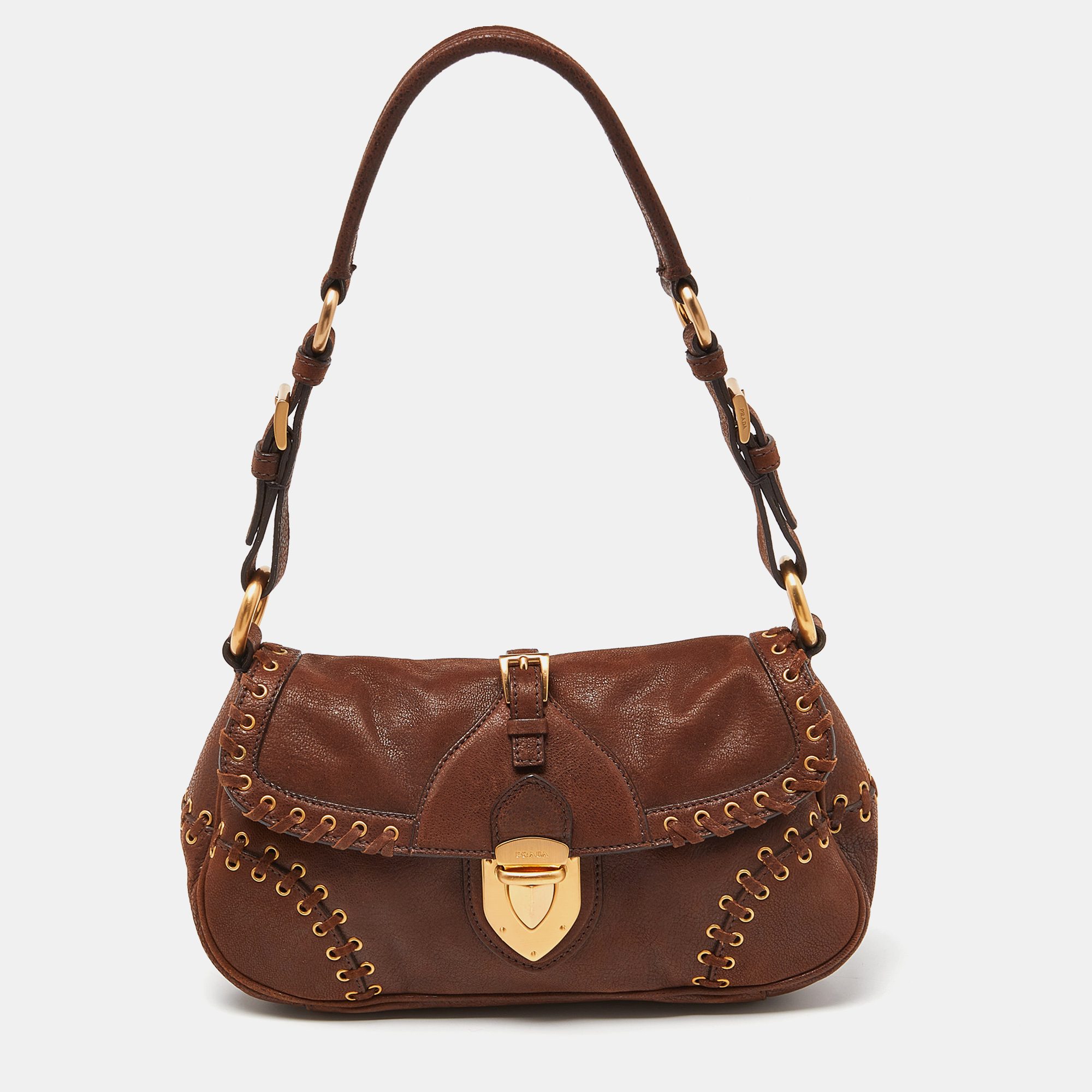 

Prada Brown Leather Whipstitch Grommet Baguette Bag