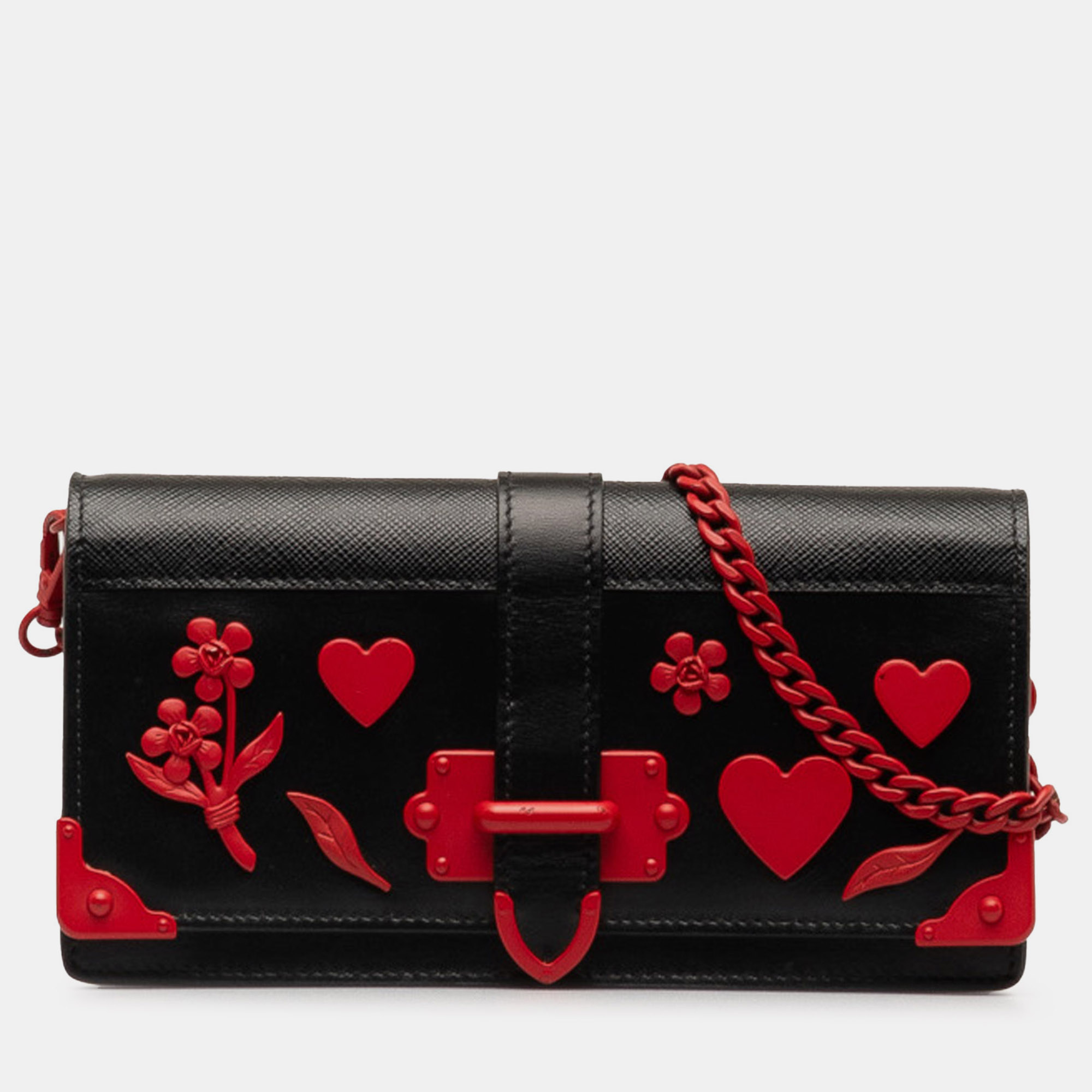 Pre-owned Prada Saffiano City Calf Cahier Heart And Flower Wallet On Chain In Black