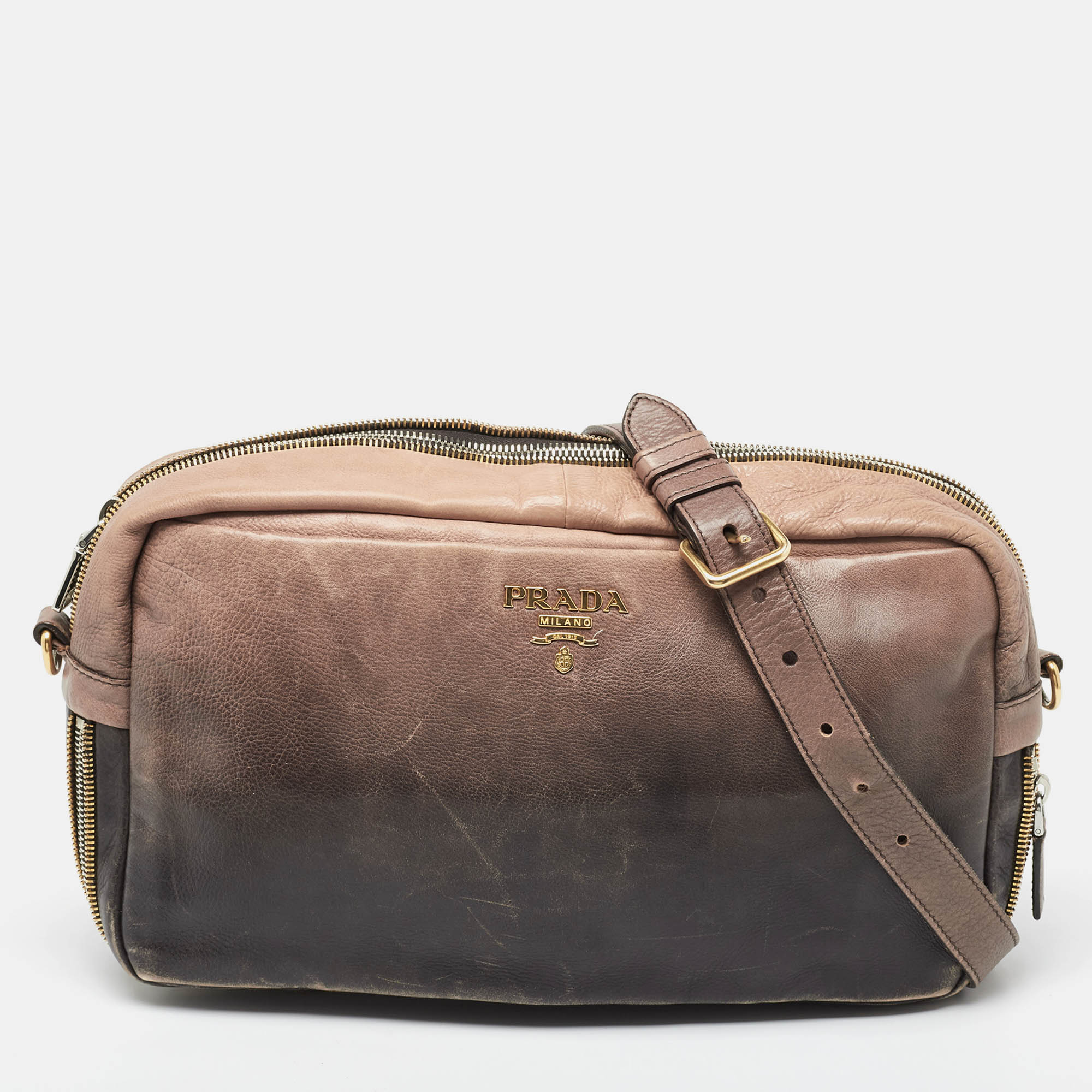 

Prada Ombre Brown Glace Leather Multi Zip Crossbody Bag