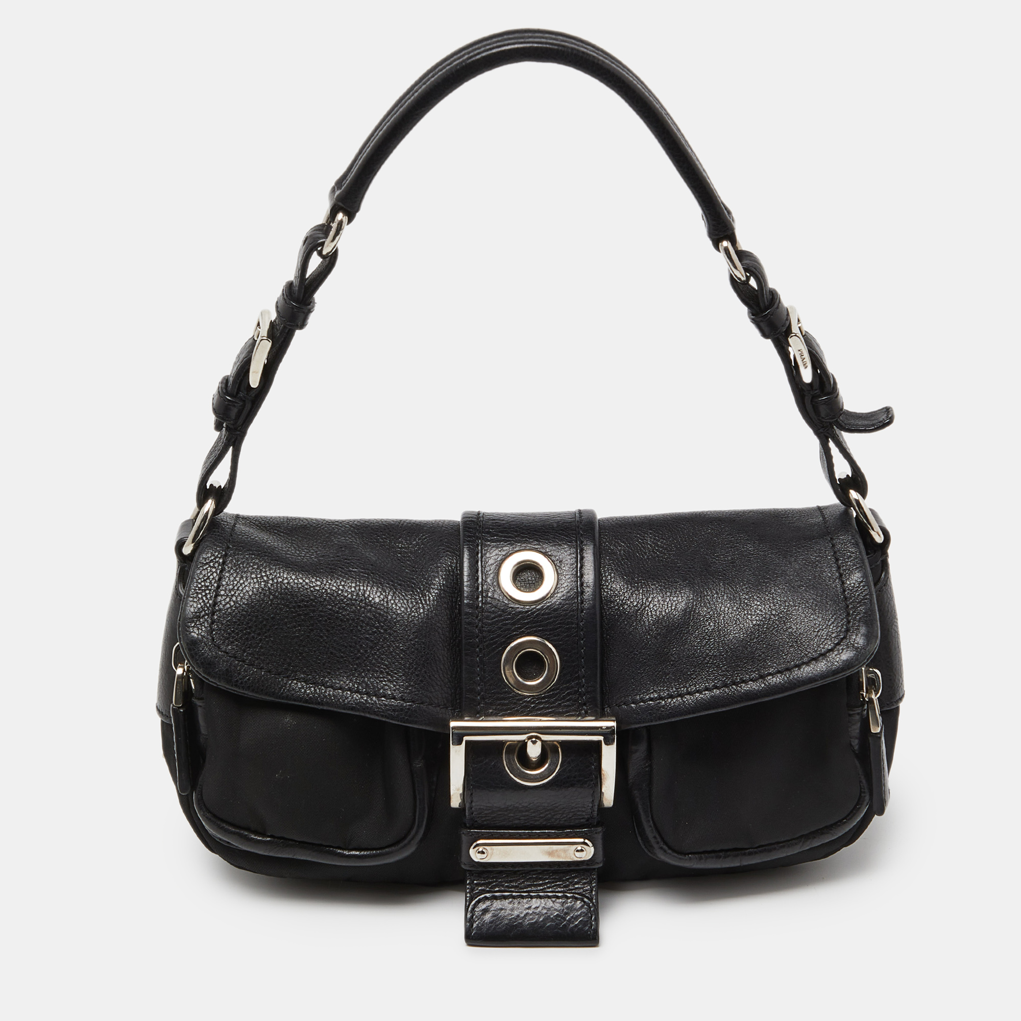 

Prada Black Nylon and Leather Buckle Flap Baguette Bag