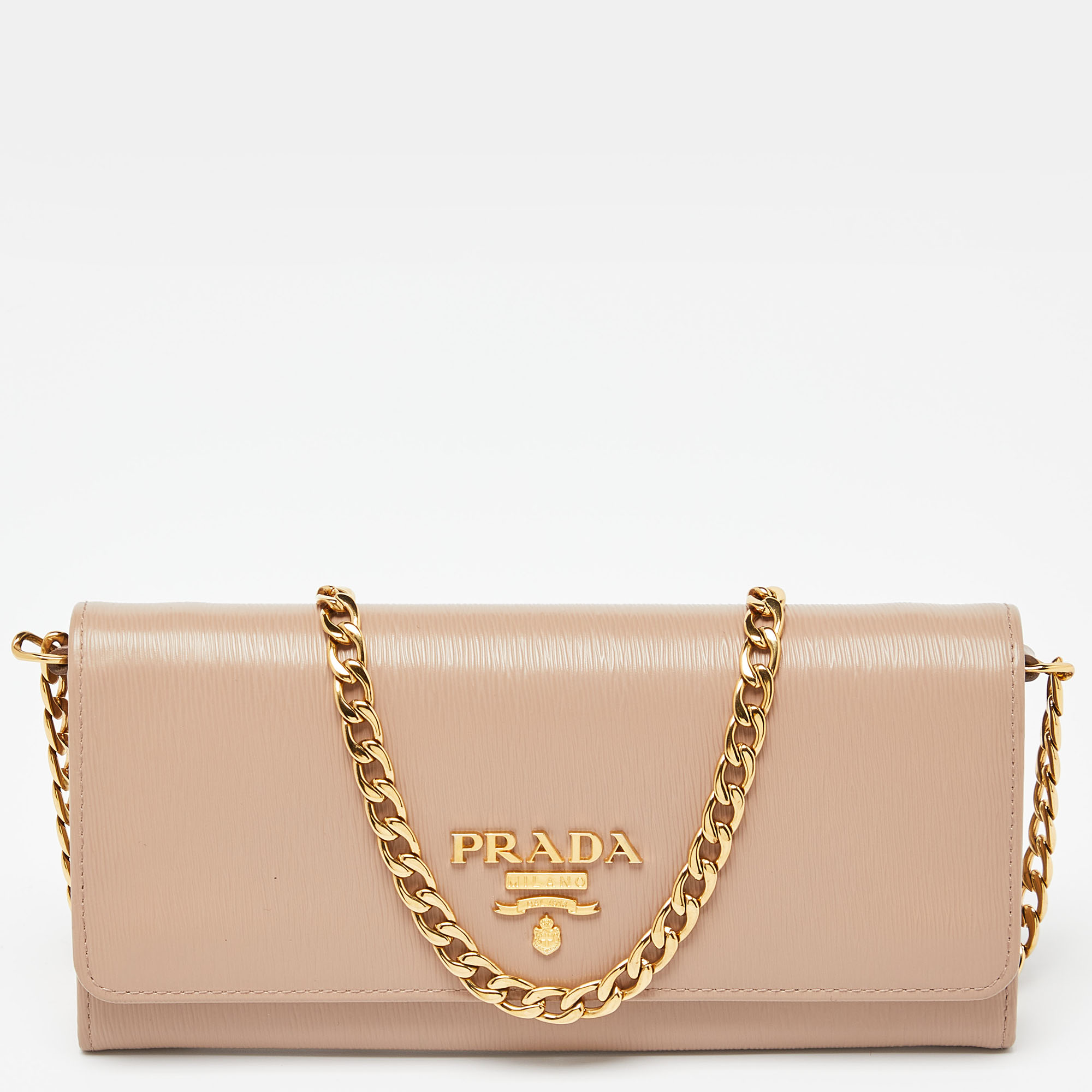 Pre-owned Prada Beige Vitello Move Leather Wallet On Chain