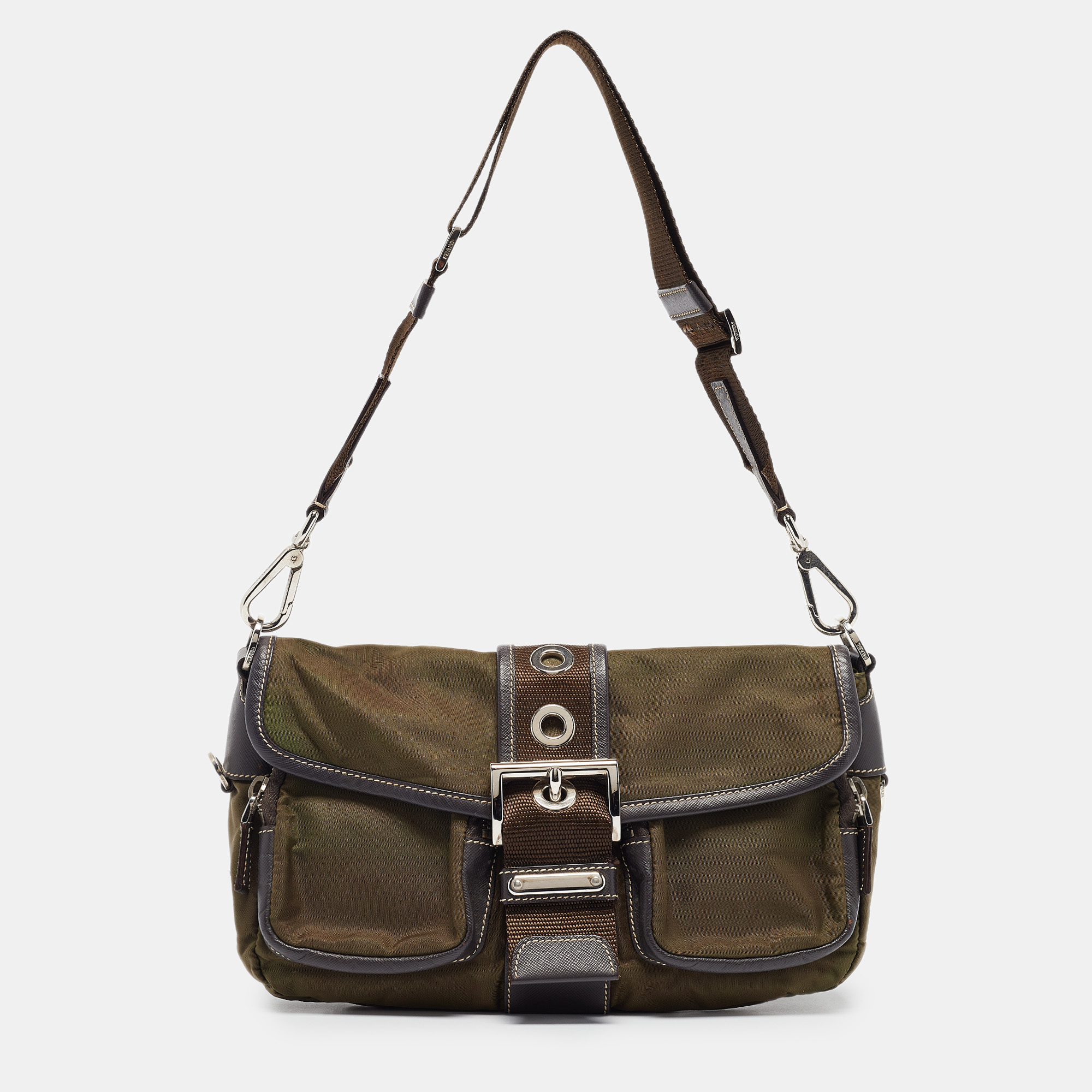 

Prada Olive Green Tessuto and Leather Buckle Flap Shoulder Bag