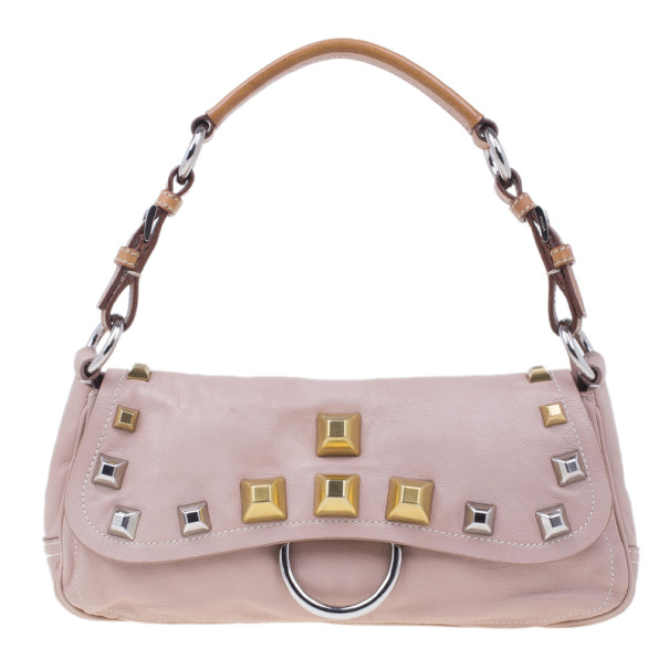 Pre Owned Prada Pink Leather Studded Shoulder Bag