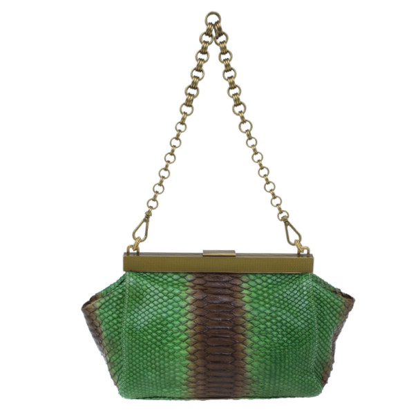 Pre Owned Prada Green and Brown Python Framed Shoulder Bag