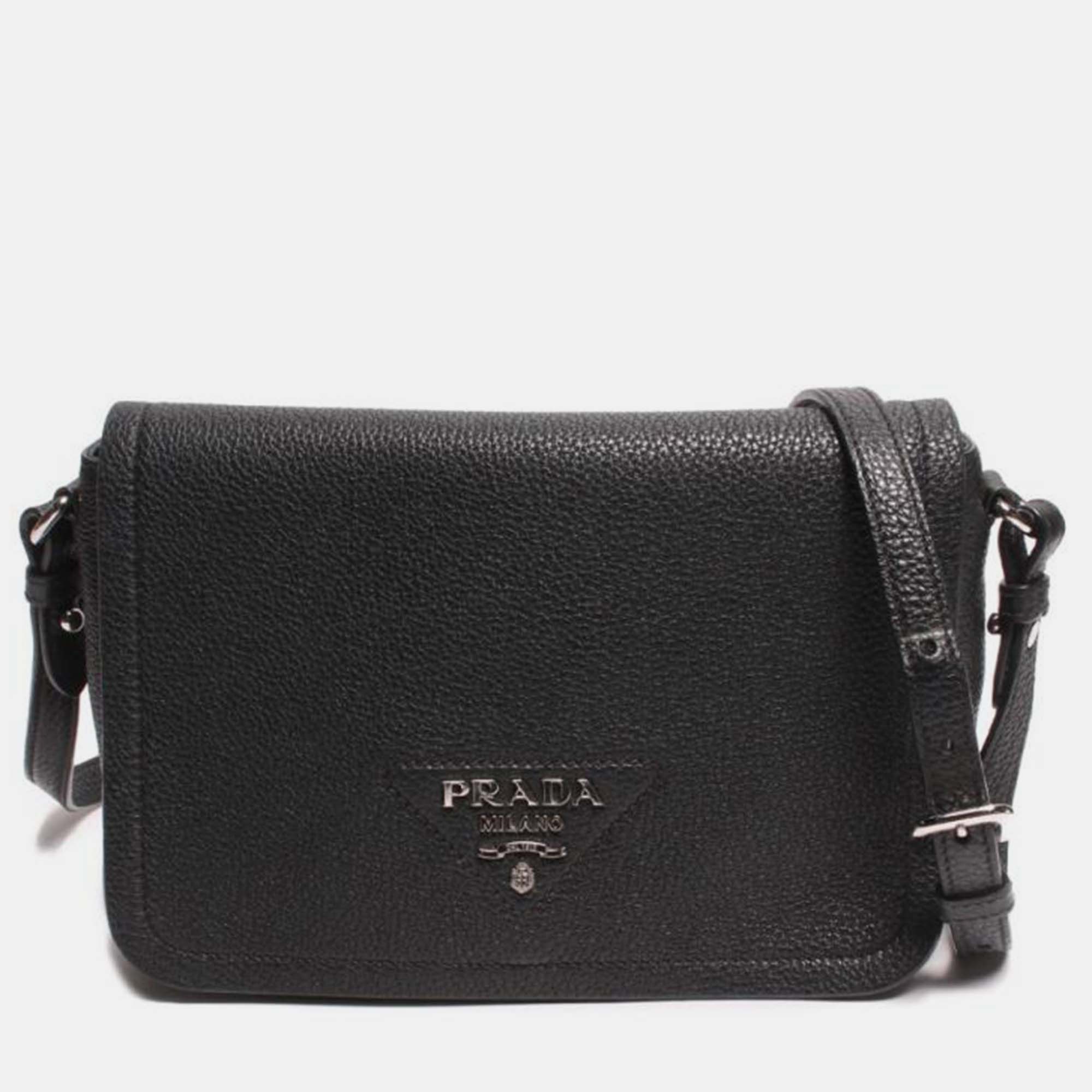 

Prada Black Leather Vitello Daino Soft Flap Crossbody Bag