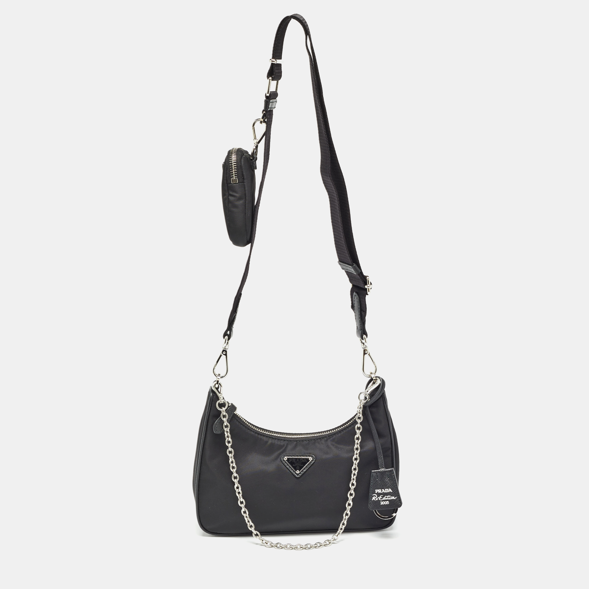 

Prada Black Re Nylon and Leather Re-Edition 2005 Baguette Bag