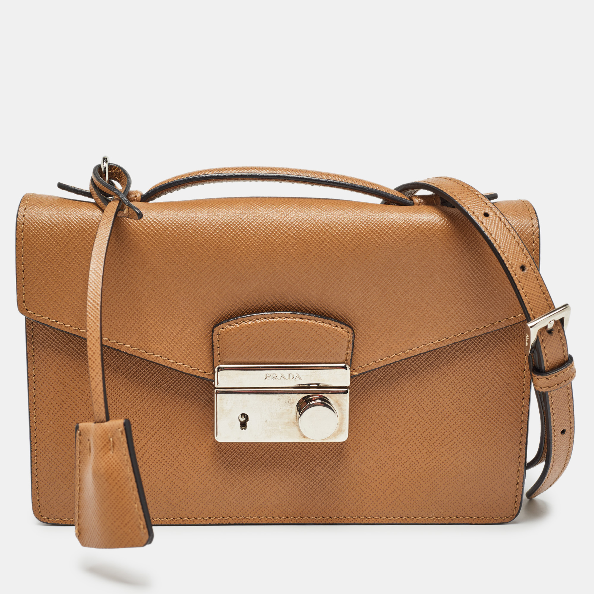 

Prada Brown Saffiano Lux Leather Sound Flap Top Handle Bag