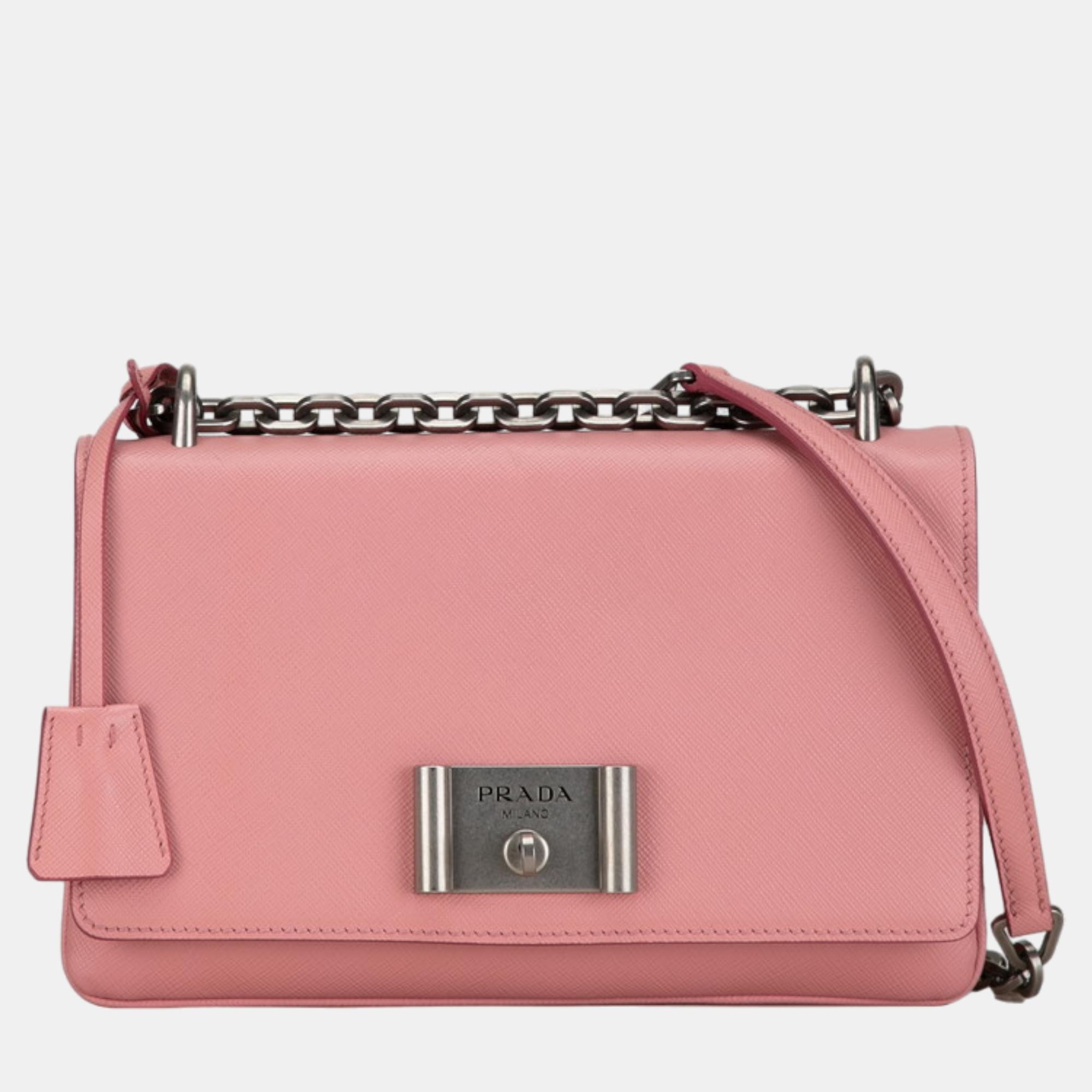 

Prada Pink Leather Saffiano Lux Lock Flap Chain Shoulder Bag