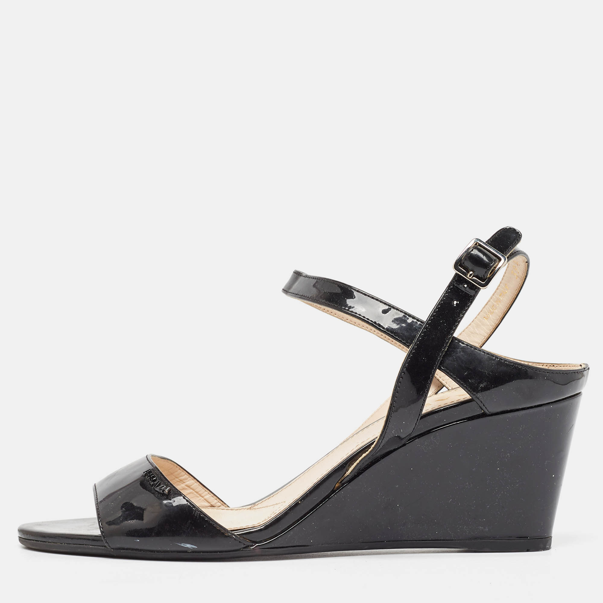 

Prada Black Patent Leather Ankle Strap Wedge Sandals Size