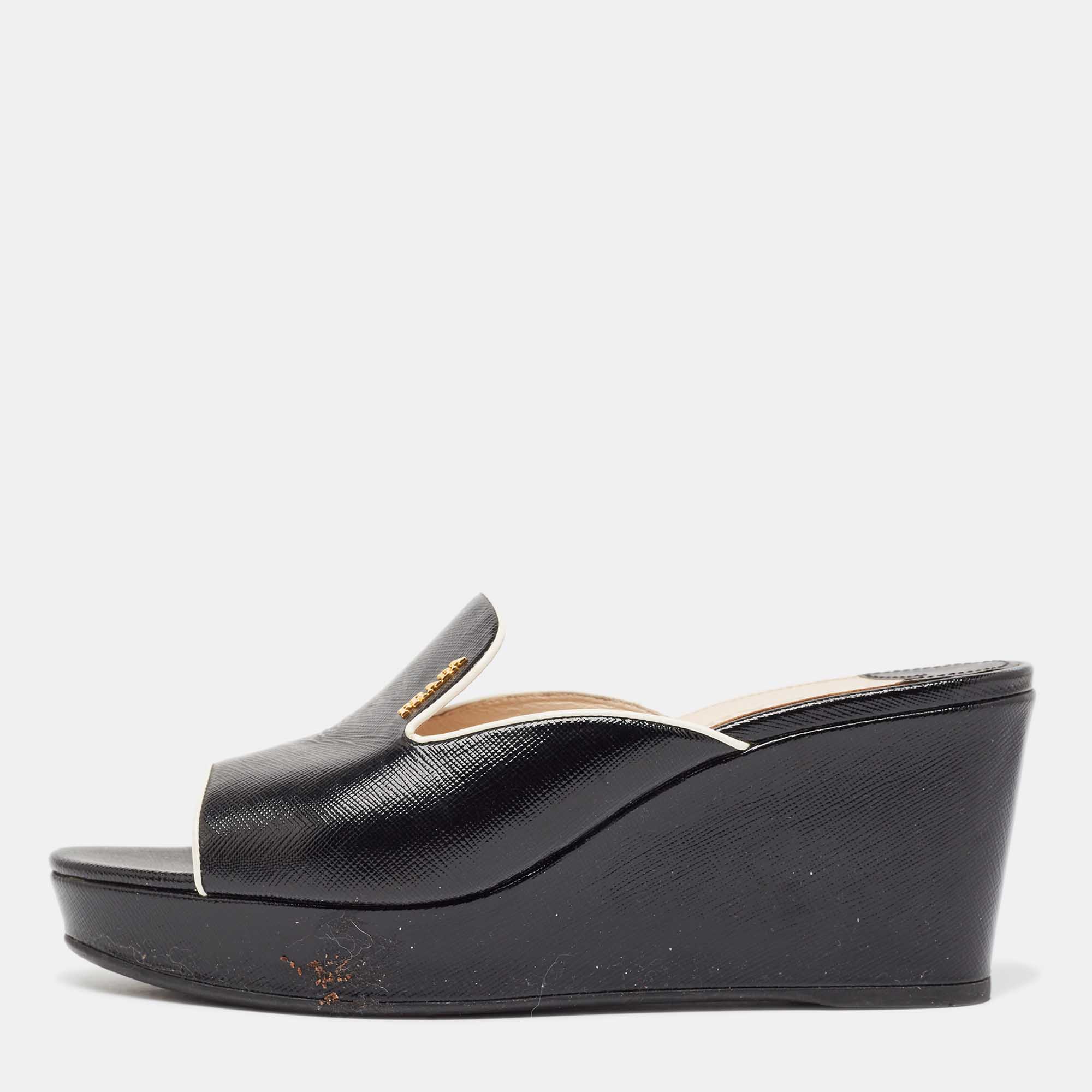

Prada Black Leather Wedge Slide Sandals Size