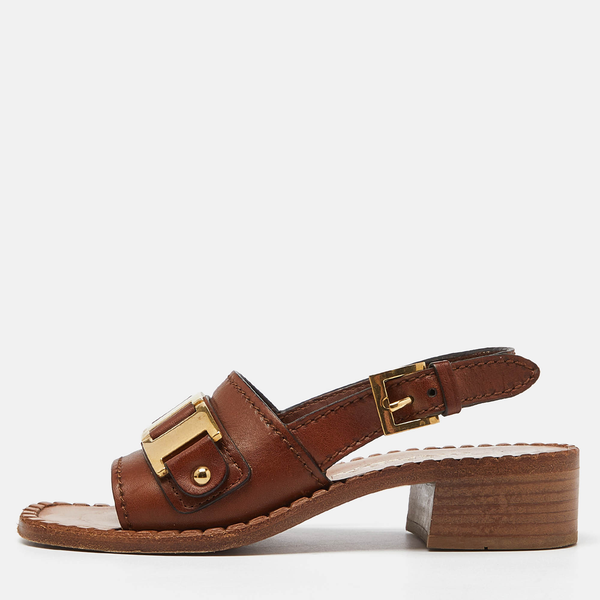 

Prada Brown Leather Chain Front Ankle Strap Sandals Size
