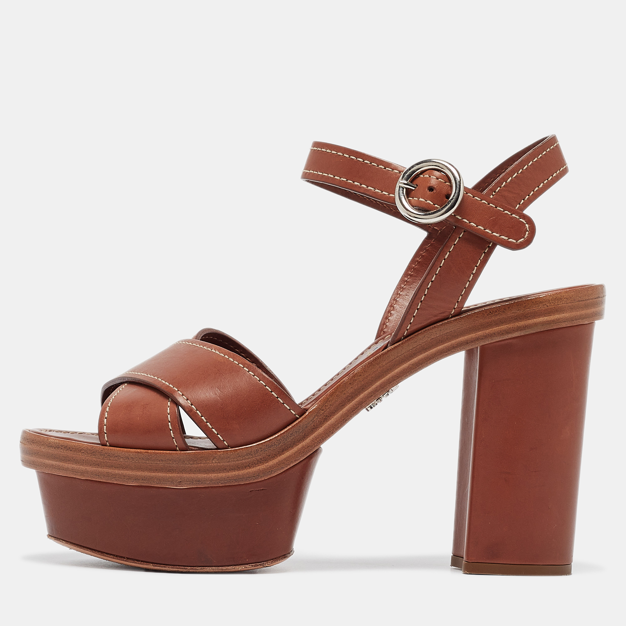 

Prada Brown Leather Platform Ankle Strap Sandals Size