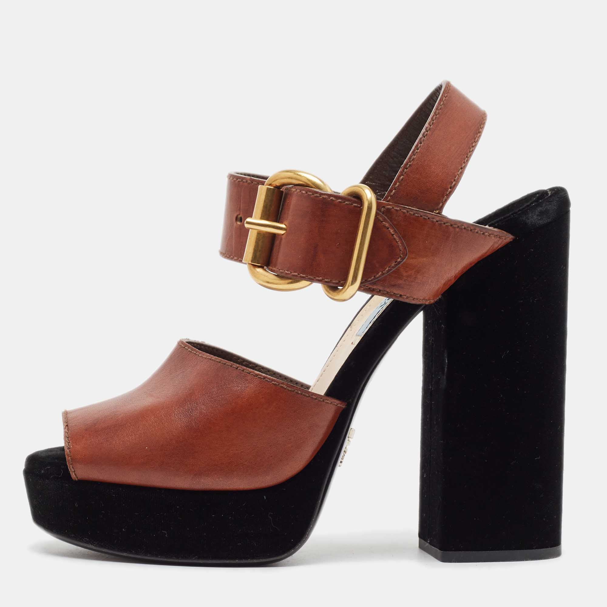 

Prada Black/Brown Velvet and Leather Cutout Accent Platform Block Heel Ankle Strap Sandals Size