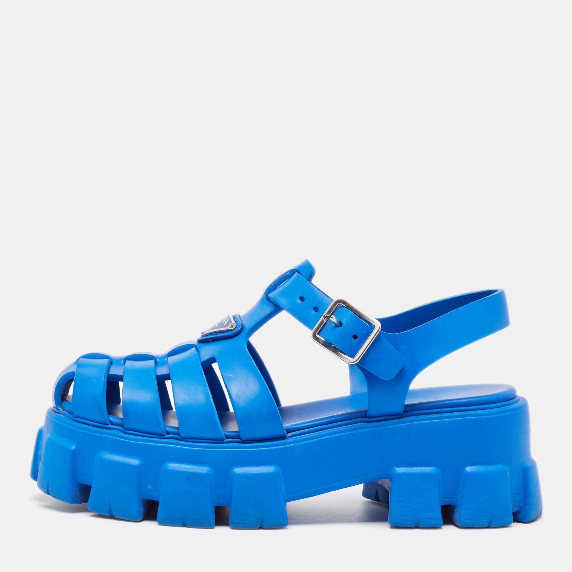 

Prada Blue Rubber Platform Ankle Strap Sandals Size