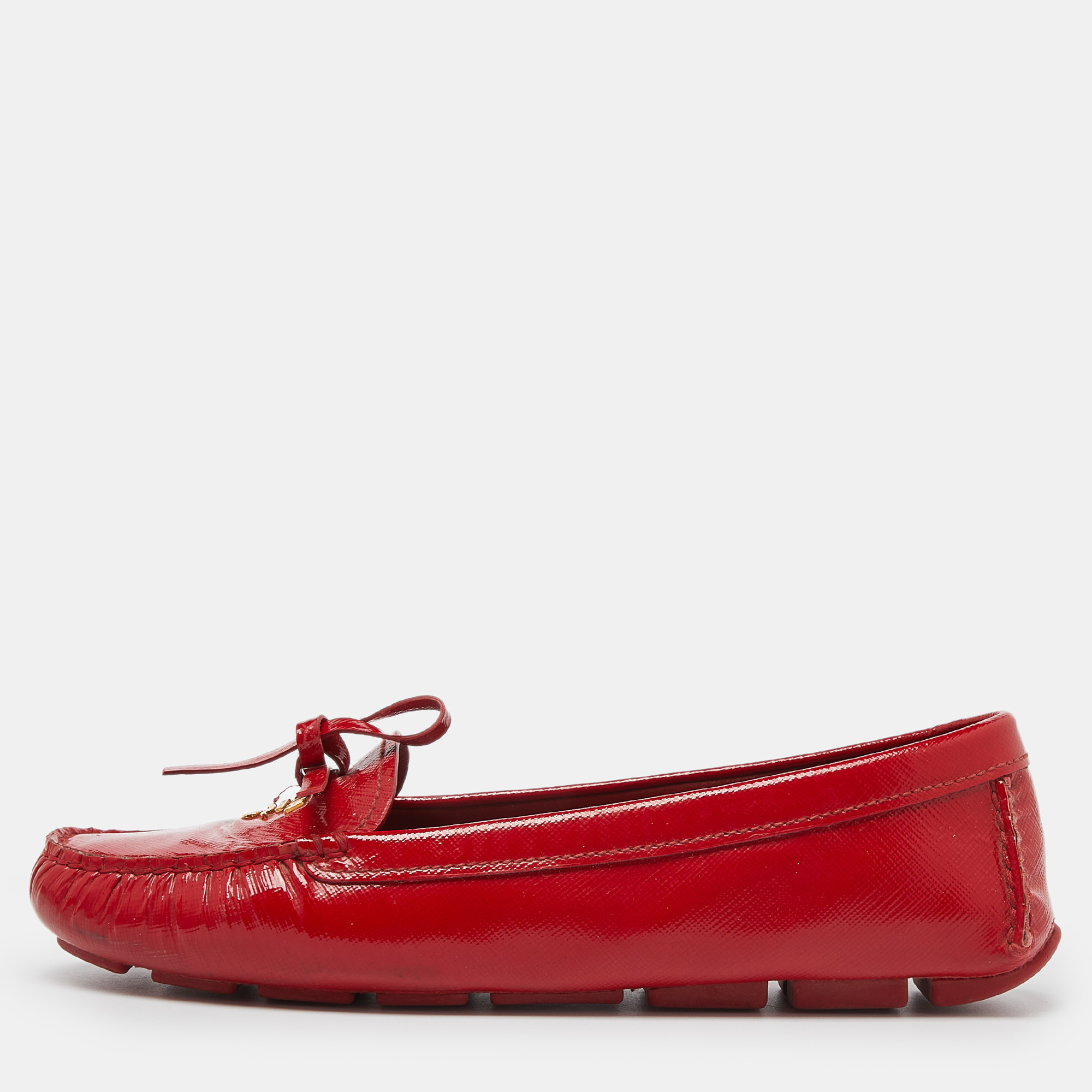 

Prada Red Patent Leather Logo Detail Bow Loafers Size