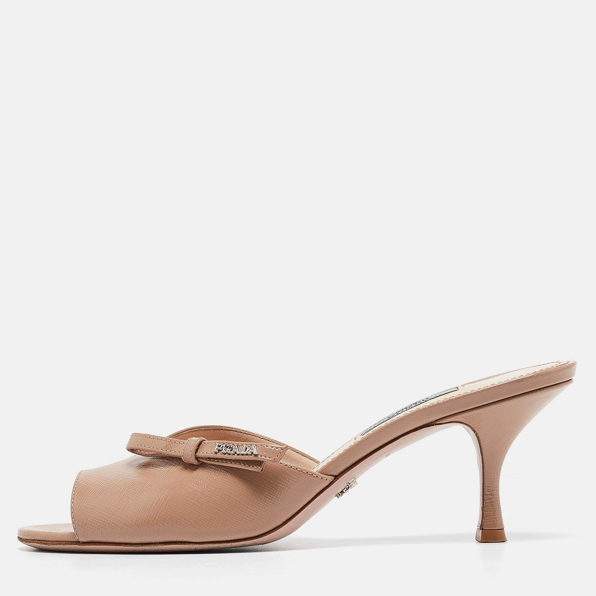 

Prada Beige Patent Leather Bow Open Toe Slide Sandals Size