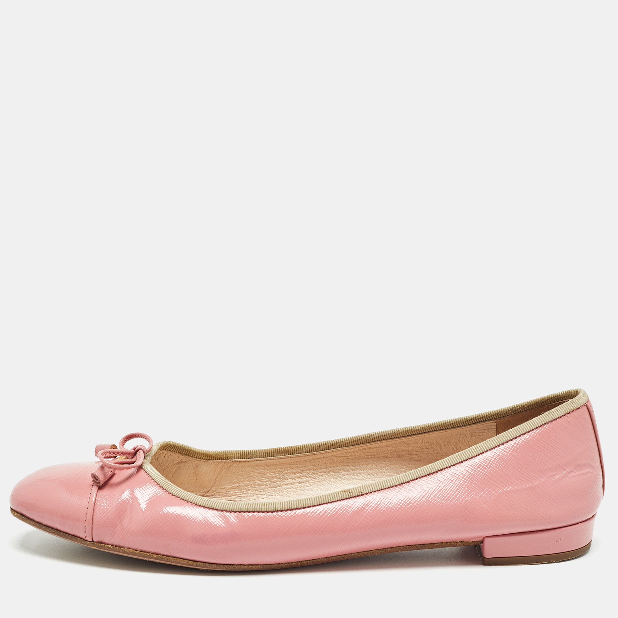 

Prada Pink Saffiano Vernice Leather Bow Ballet Flats Size