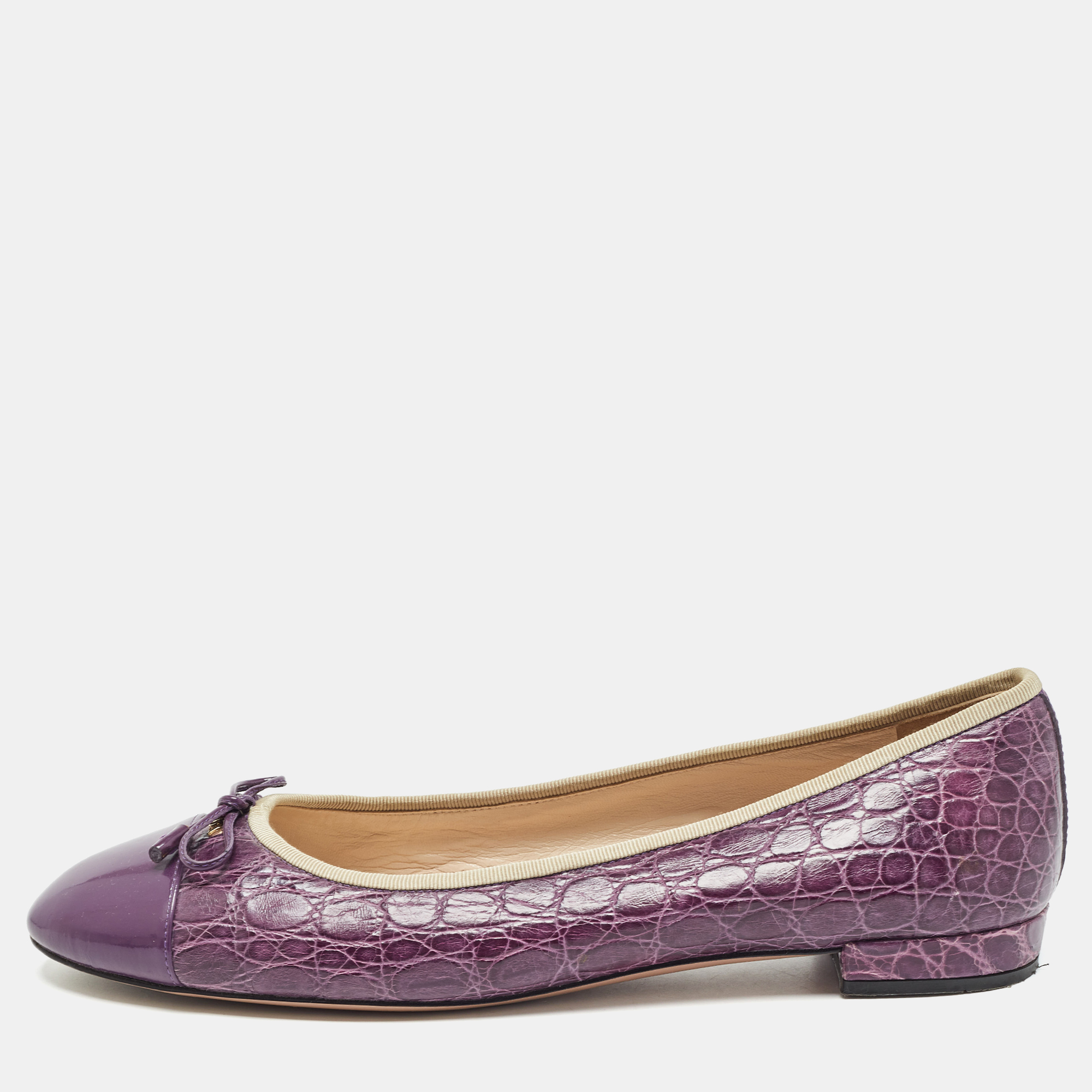 Pre-owned Prada Purple Embossed Croc And Patent Cap Toe Bow Ballet Flats Size 42