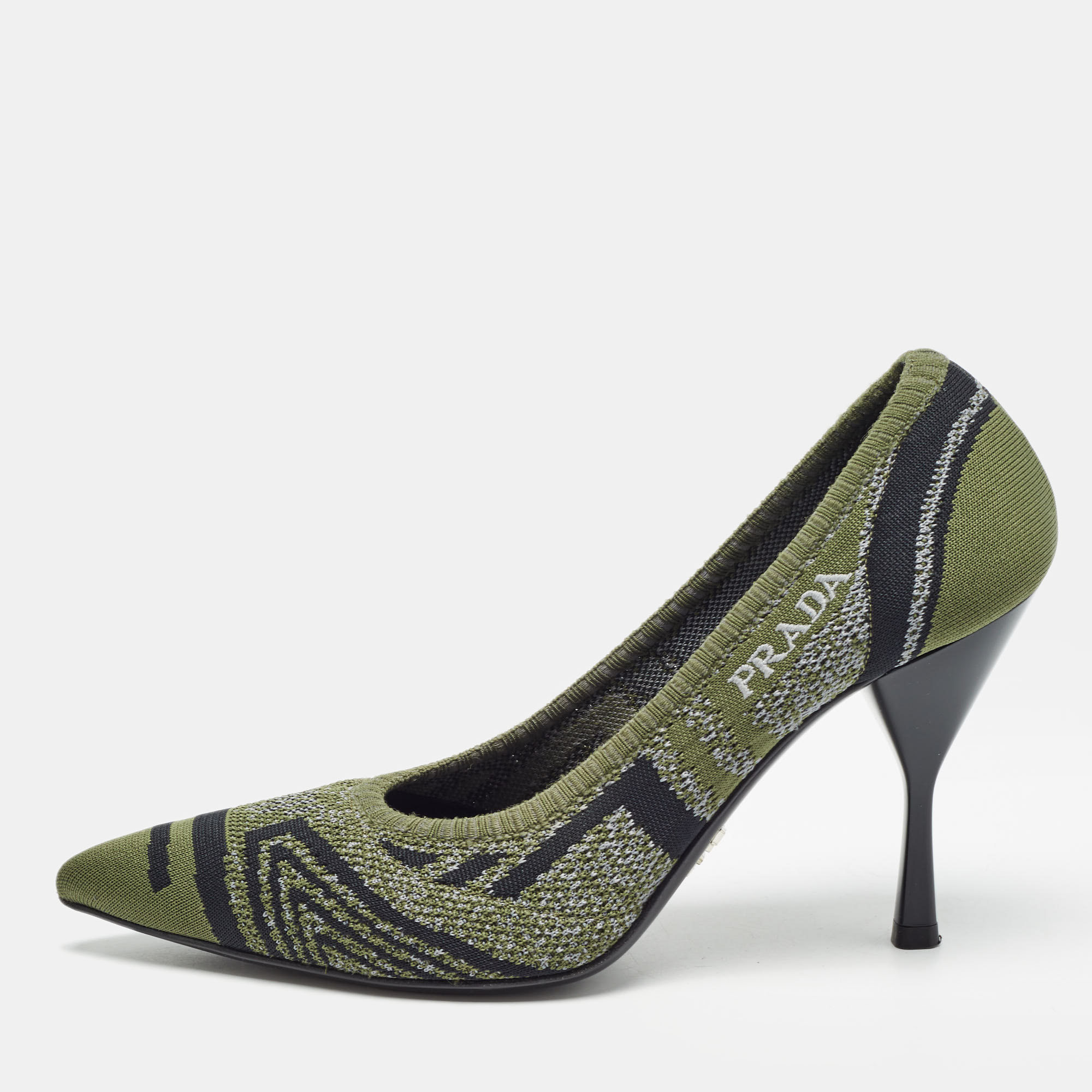 Pre-owned Prada Green Printed Knit Fabric Pointed Toe Pumps Size 36.5