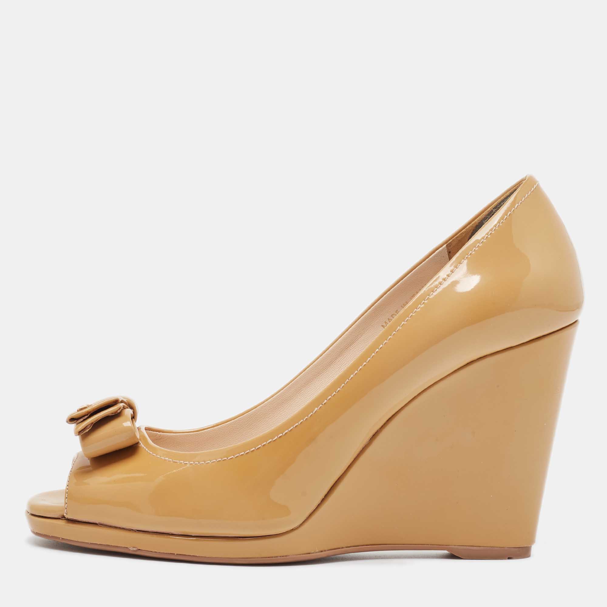 

Prada Beige Patent Leather Wedge Peep Toe Pumps Size