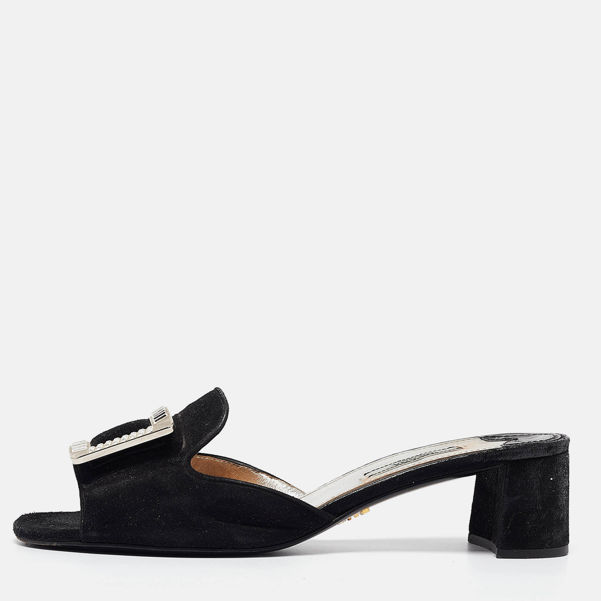 

Prada Black Suede Crystal Embellished Slide Sandals Size