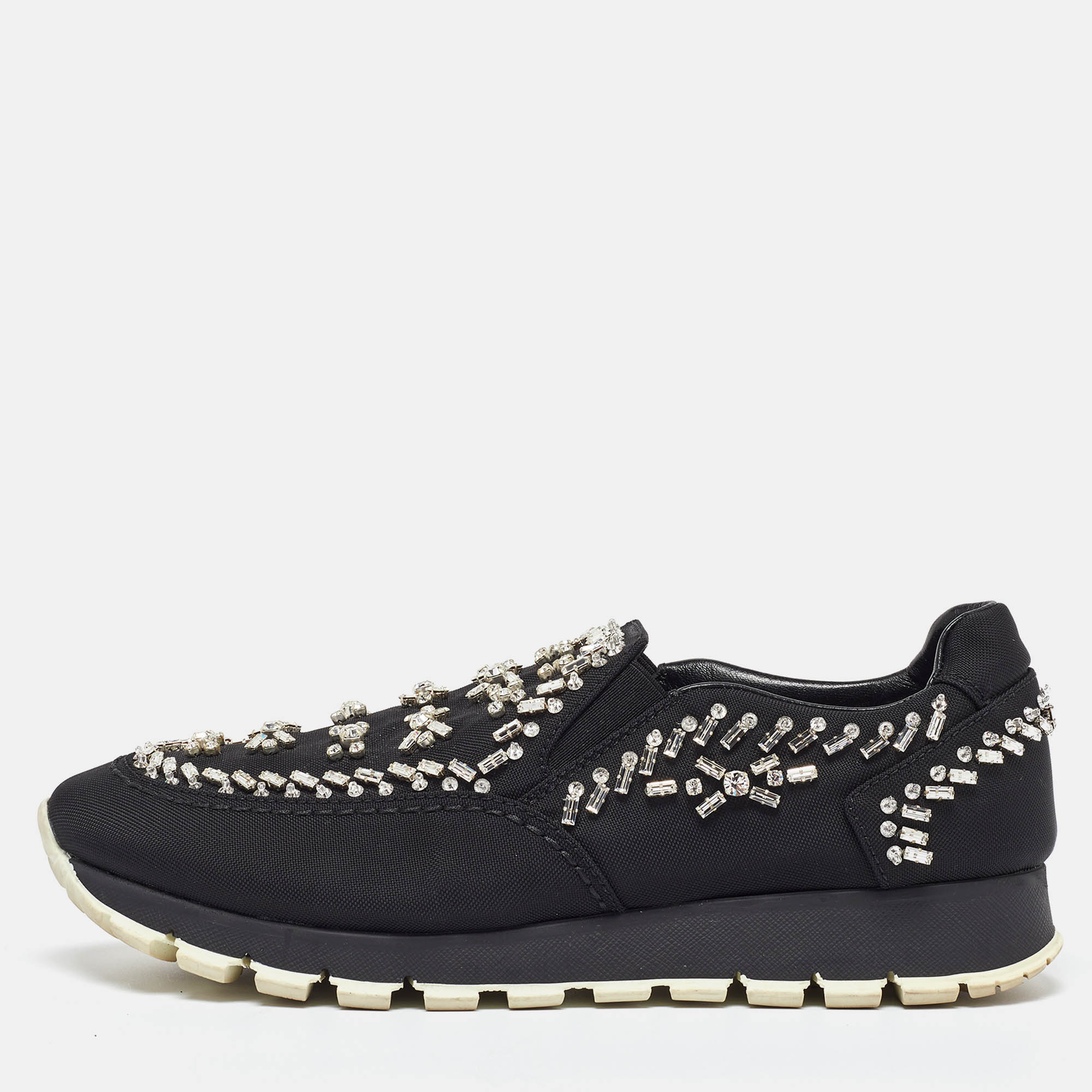 

Prada Black Canvas Crystal Embellished Slip on Sneakers Size