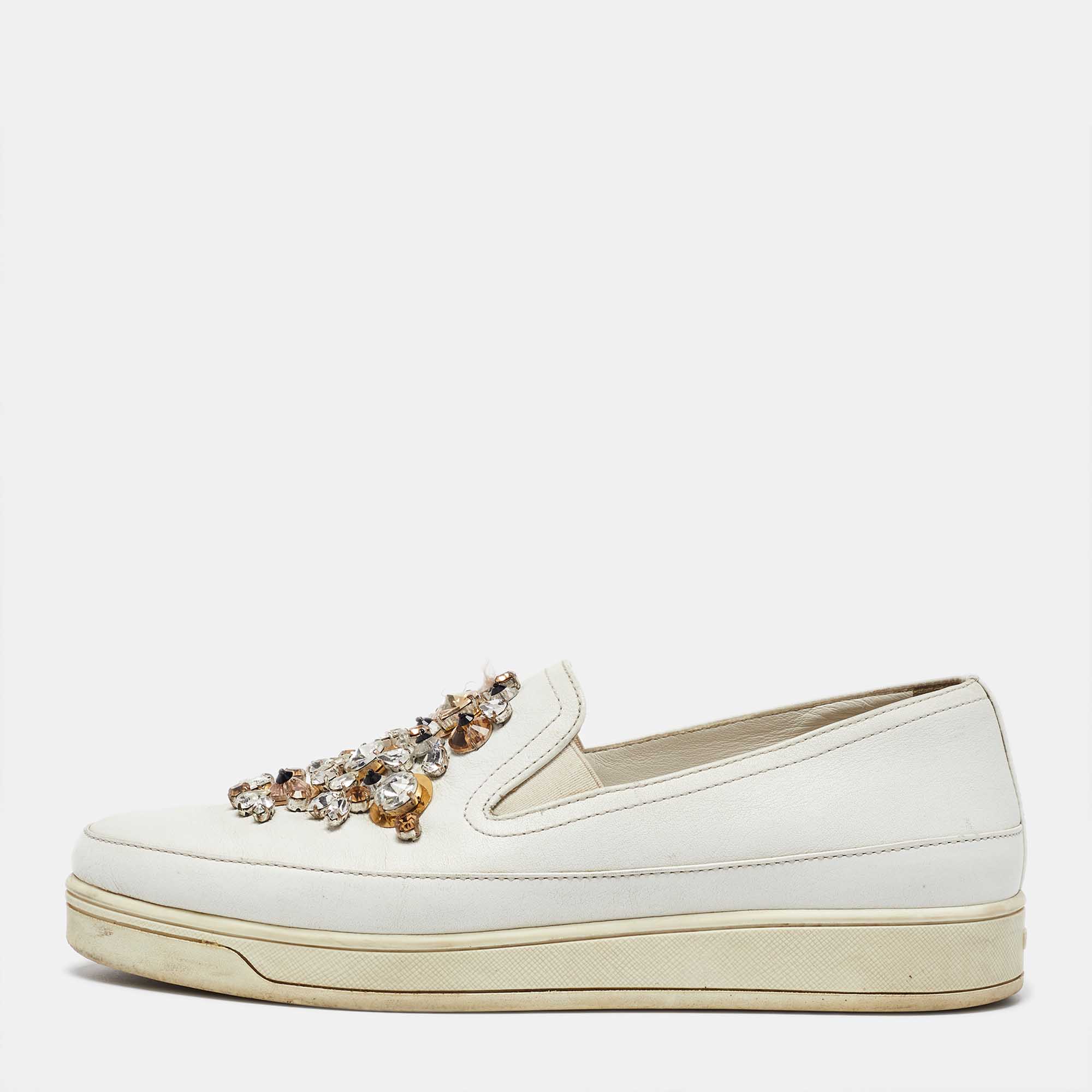 

Prada White Leather Crystal Embellished Slip On Sneakers Size