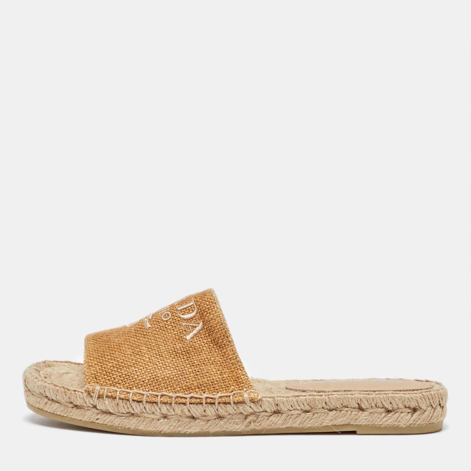 

Prada Brown Raffia Embroidered Logo Slide Flats Size