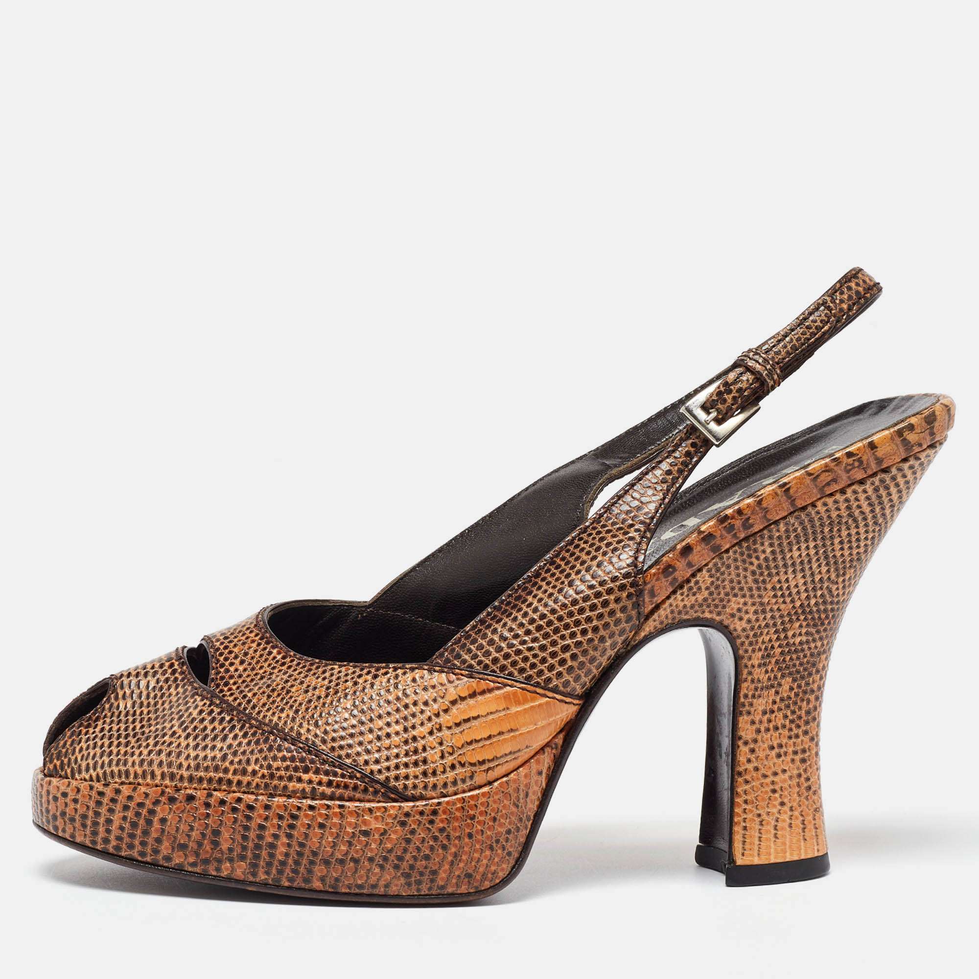 

Prada Beige/Black Lizard Ankle Strap Peep Toe Sandals Size