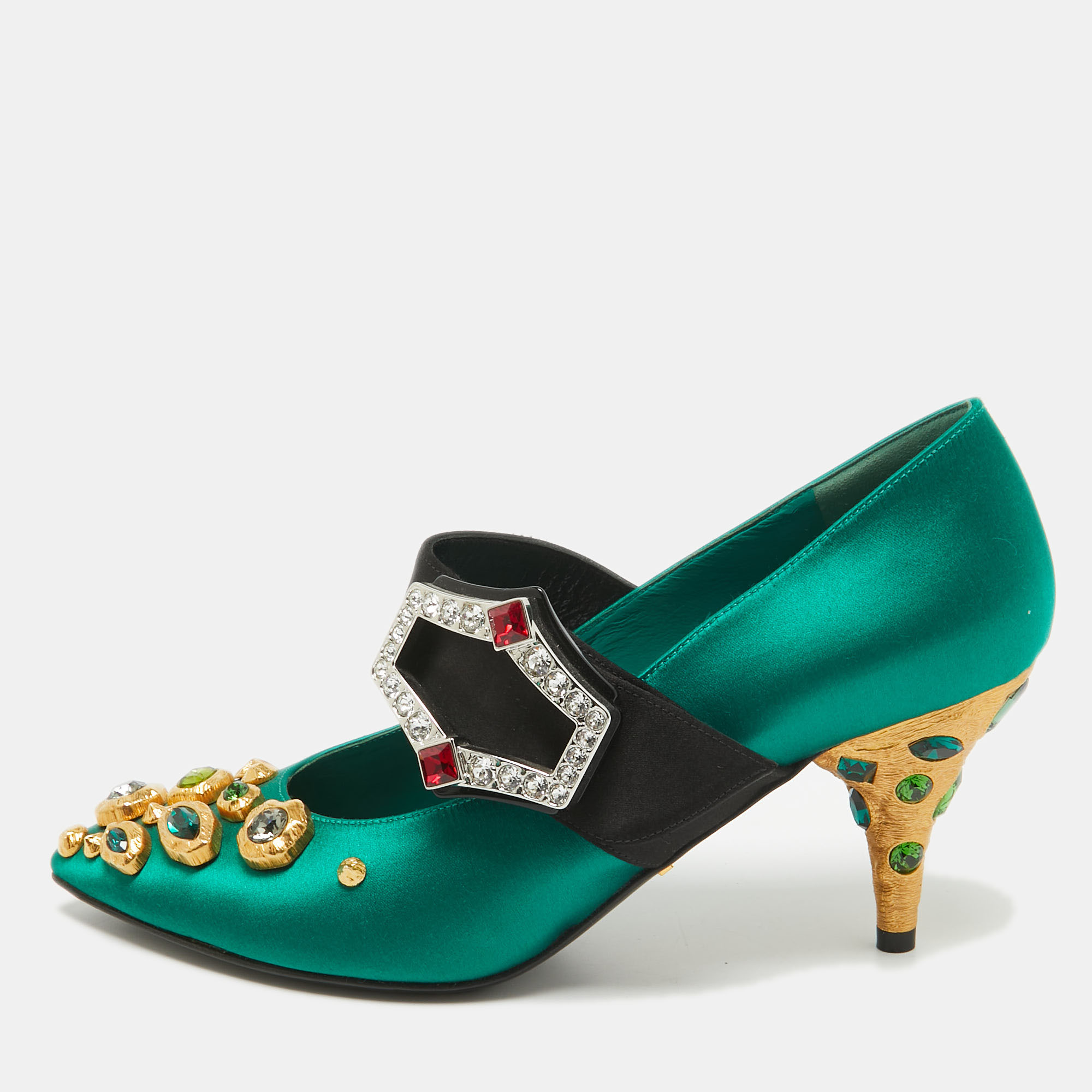 

Prada Green Satin Crystal Embellished Mary Jane Pumps Size