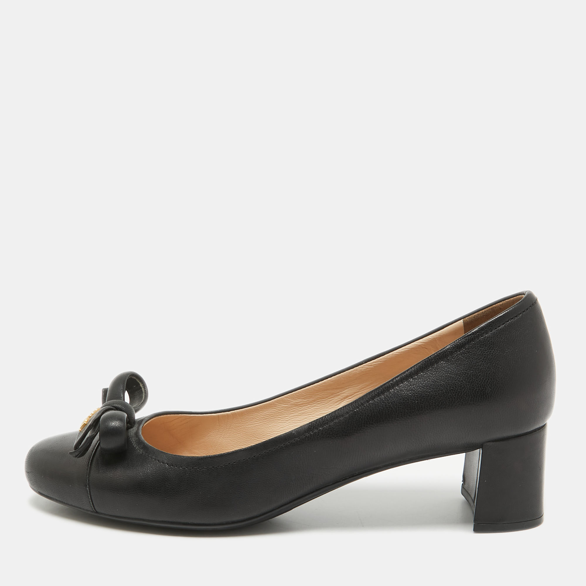 

Prada Sports Black Leather Bow Block Heel Round Toe Pumps Size