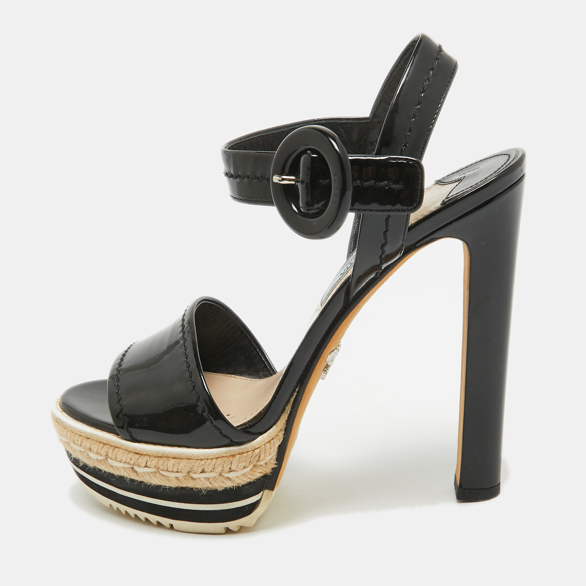 

Prada Black Patent Leather Espadrille Platform Ankle Strap Sandals Size