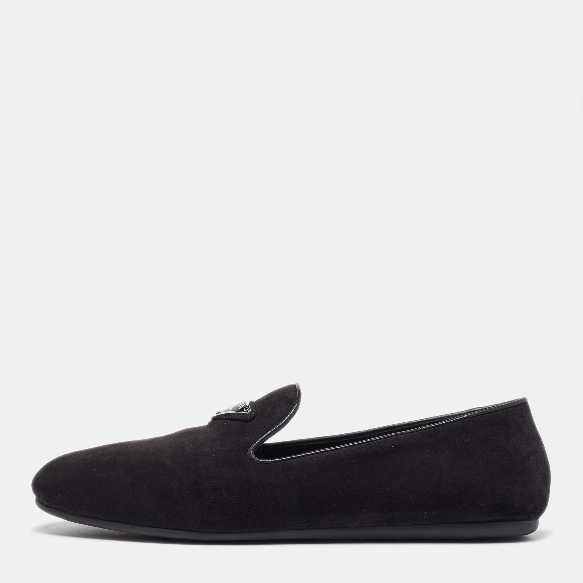 Pre-owned Prada Black Suede Slip On Smoking Slippers Size 38