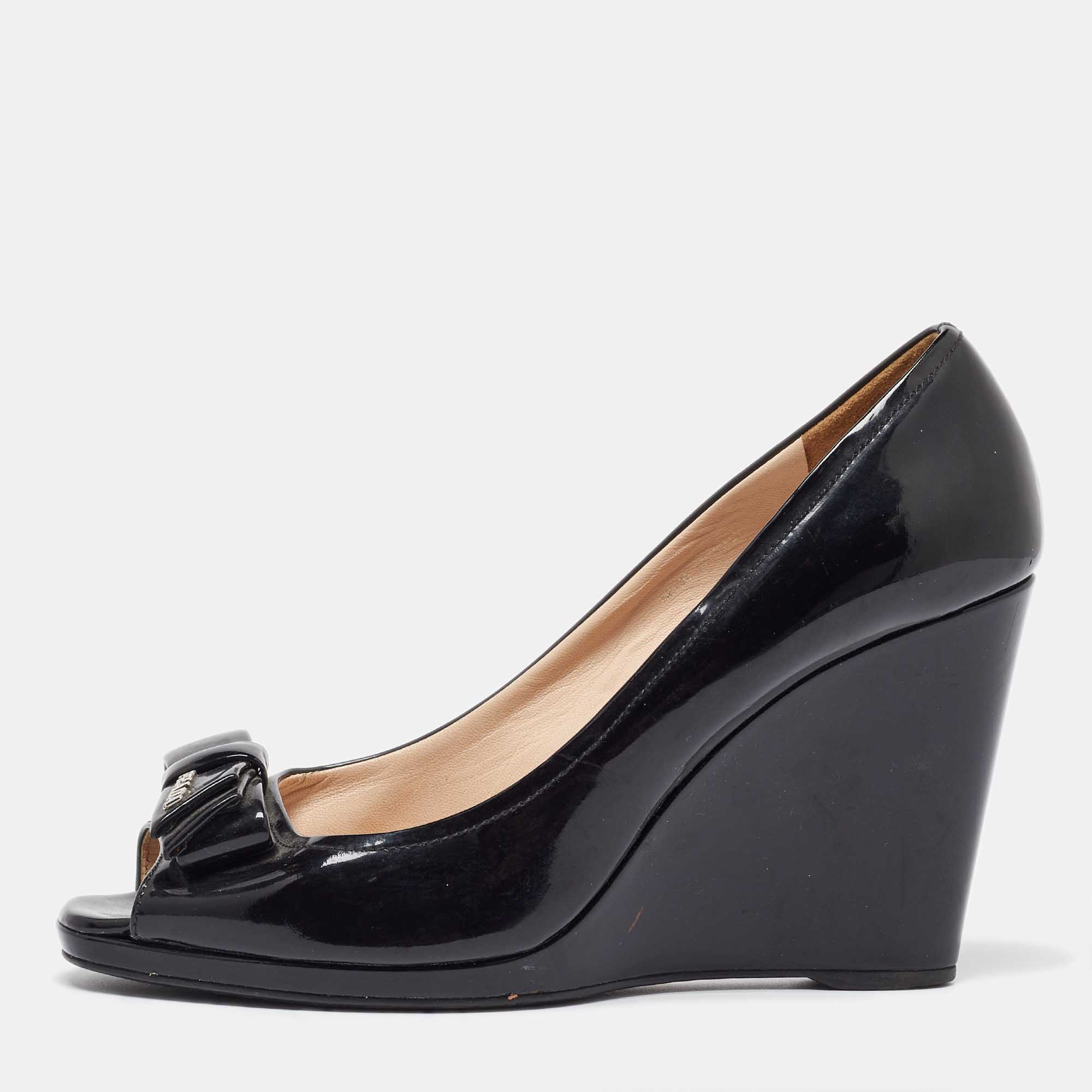 

Prada Black Patent Leather Bow Peep Toe Wedge Pumps Size