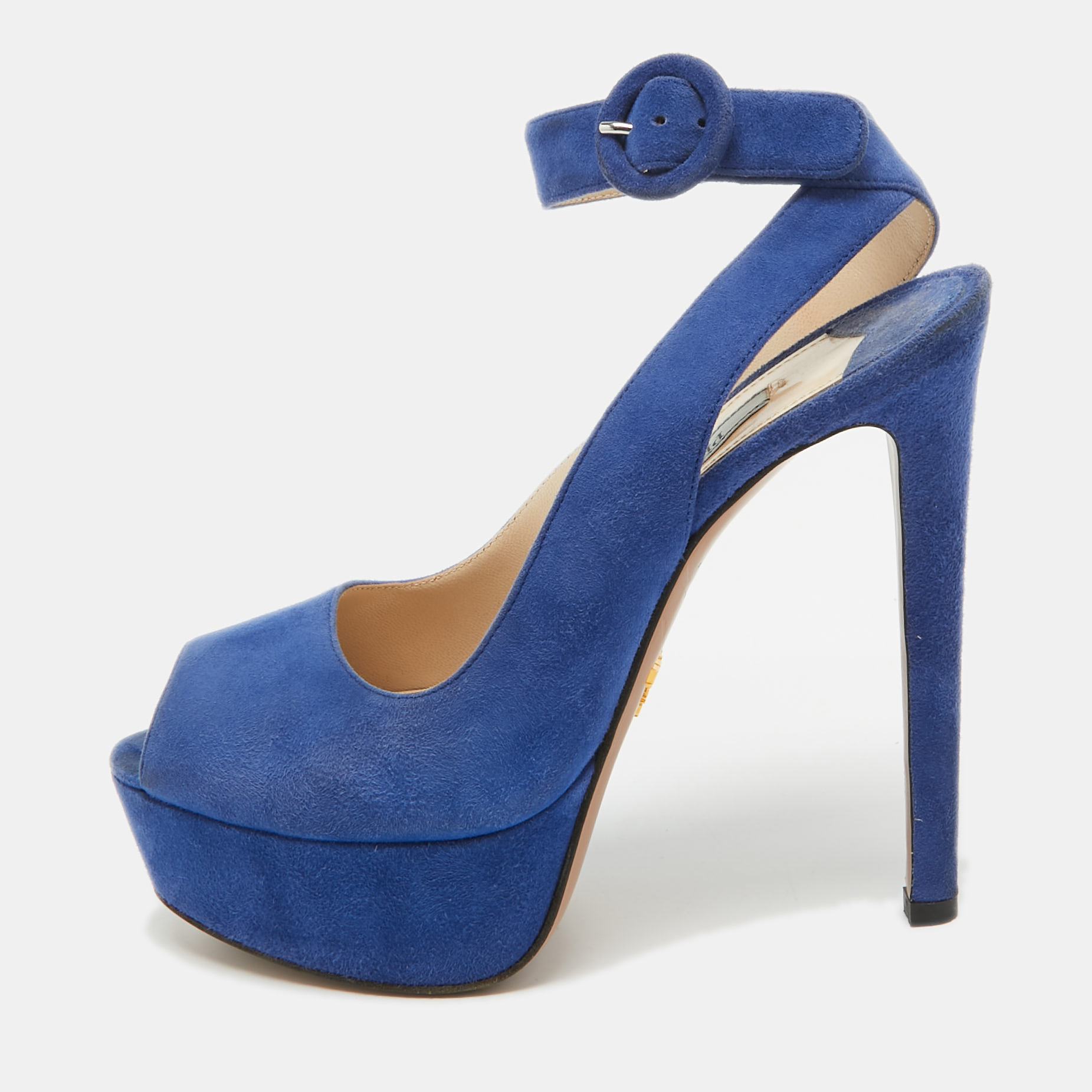 

Prada Blue Suede Peep Toe Platform Ankle Strap Sandals Size