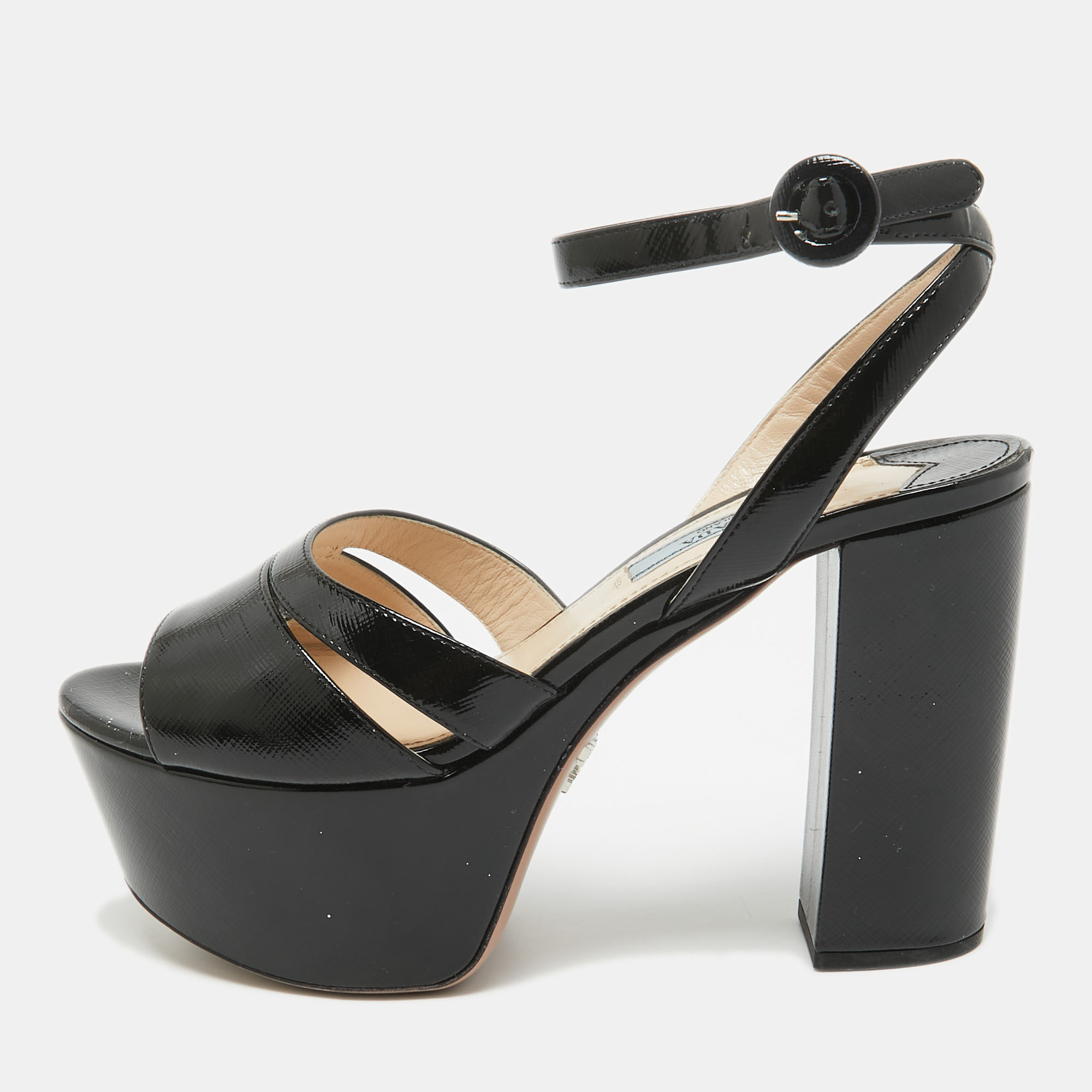 Pre-owned Prada Black Patent Leather Platform Ankle Strap Sandals Size 36.5