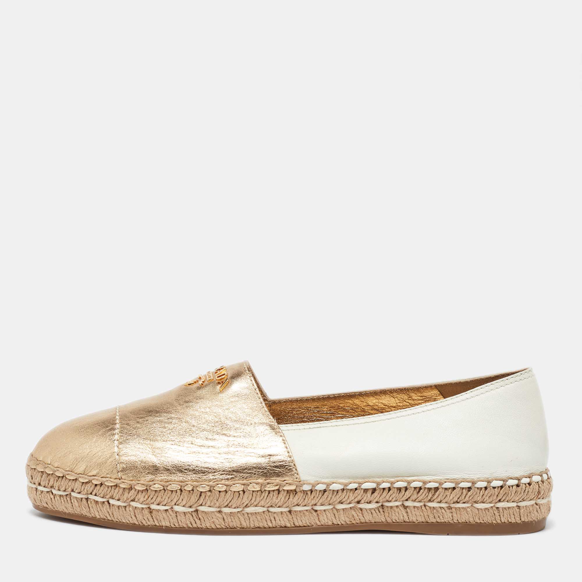 

Prada Gold/White Leather Espadrille Flats Size