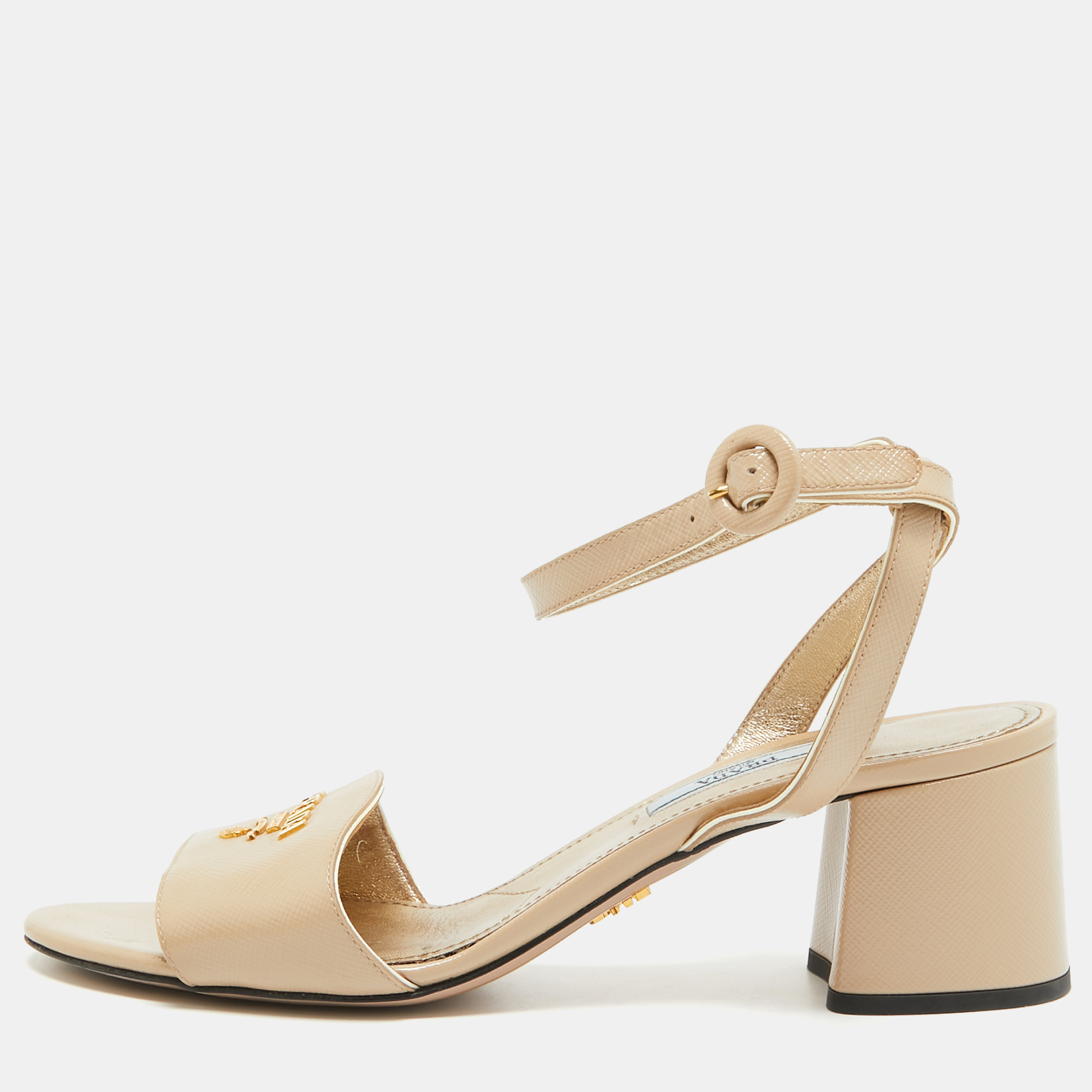 

Prada Beige Saffiano Patent Leather Ankle Strap Sandals Size