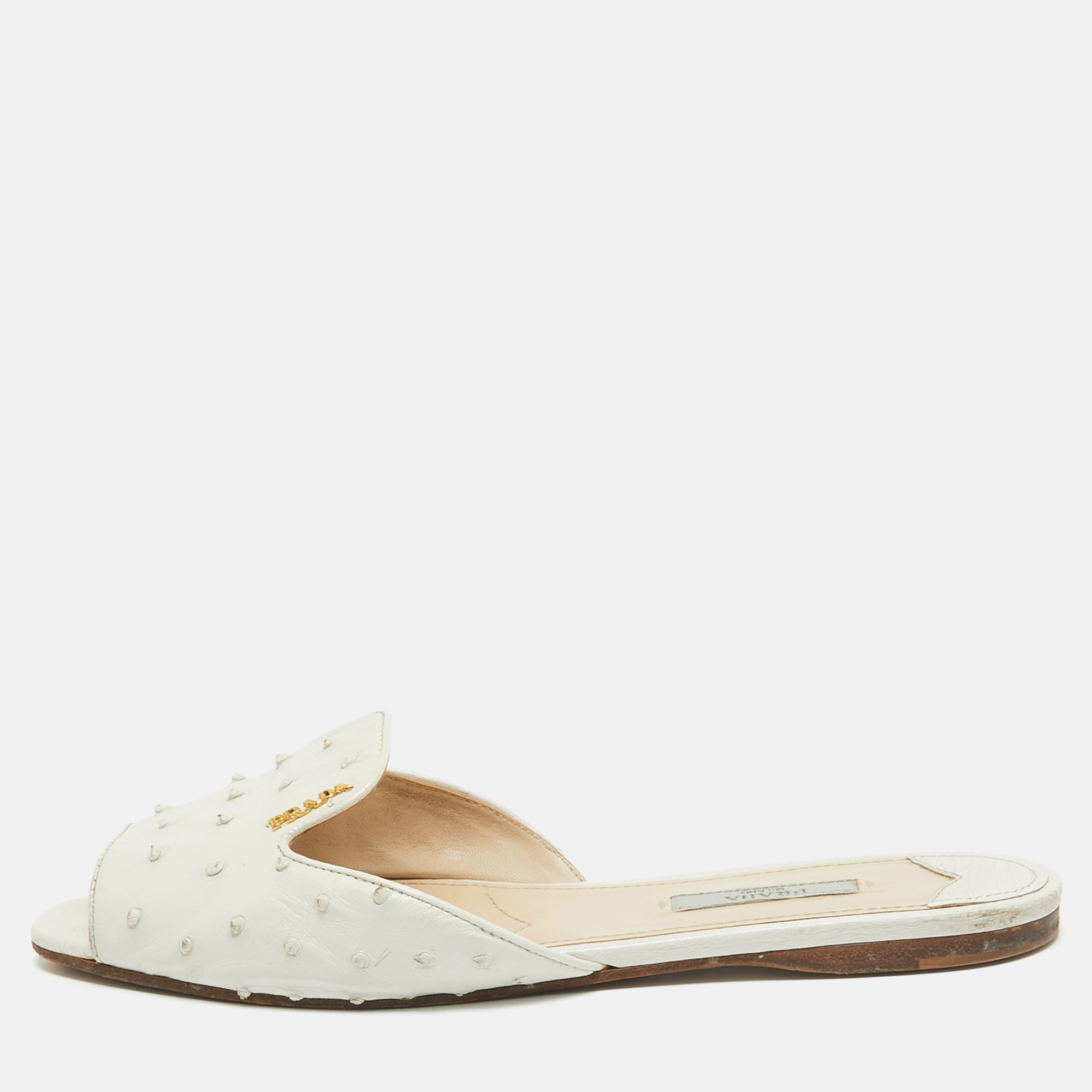 

Prada White Ostrich Leather Flat Slides Size