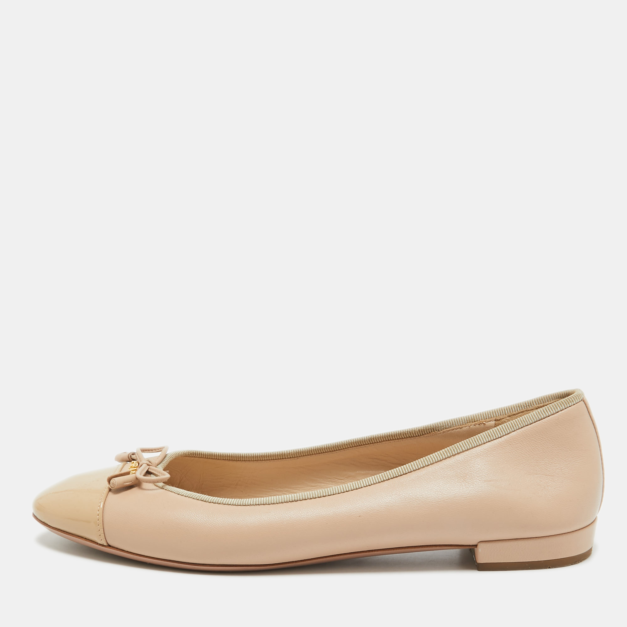 

Prada Beige Leather and Patent Cap Toe Bow Ballet Flats Size