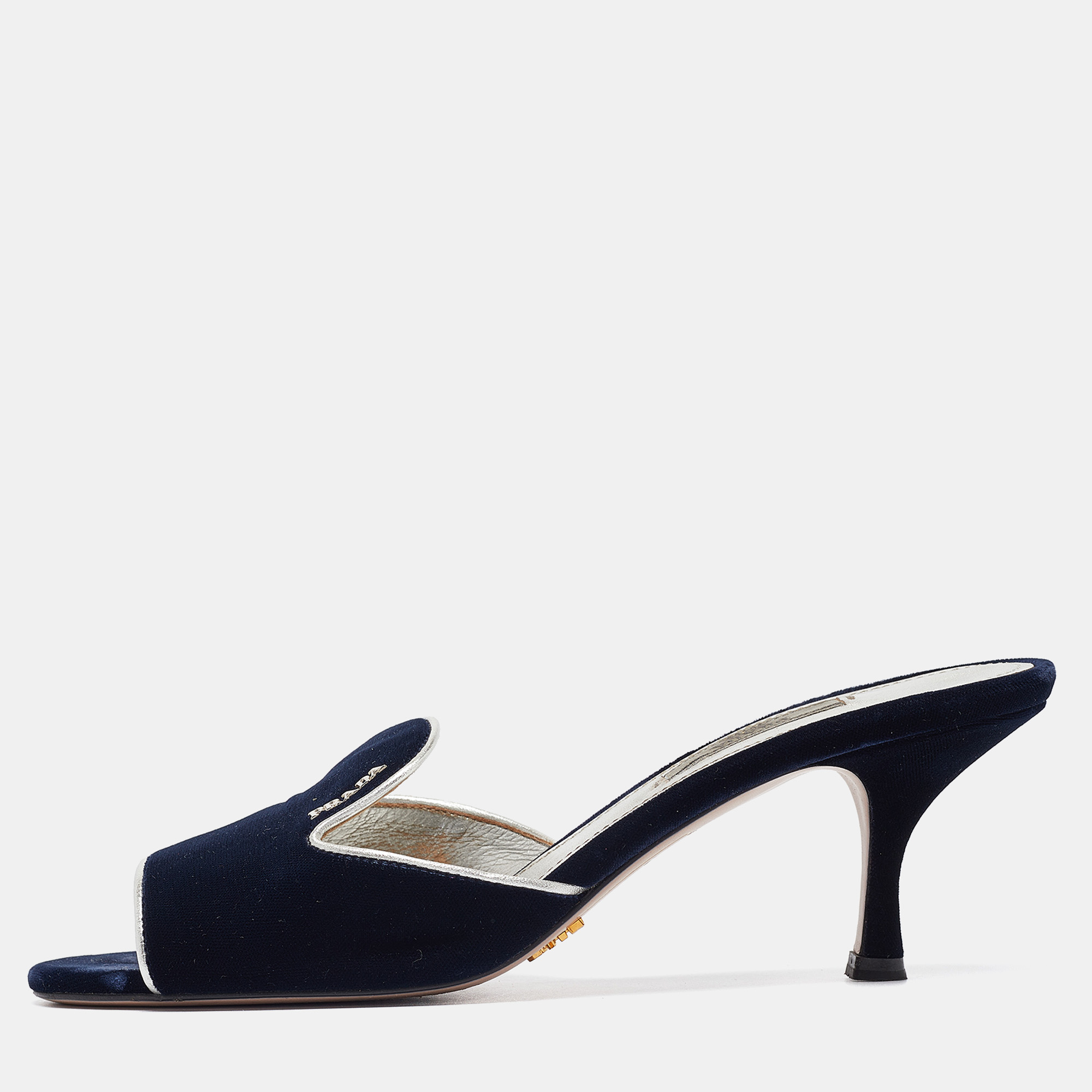 

Prada Navy Blue Velvet and Leather Slide Sandals Size