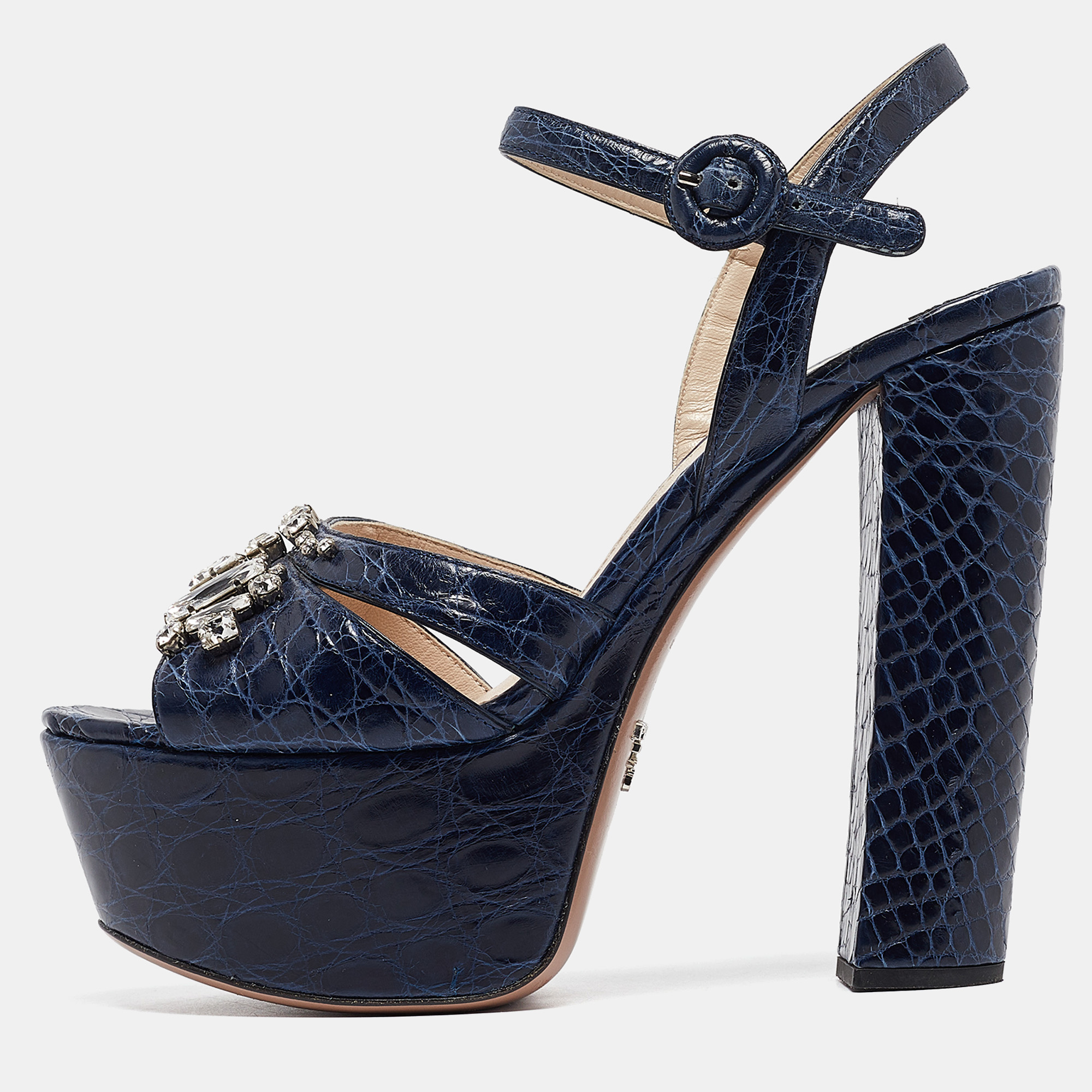 

Prada Navy Blue Embossed Croc Crystal Embellished Platform Ankle Strap Sandals Size