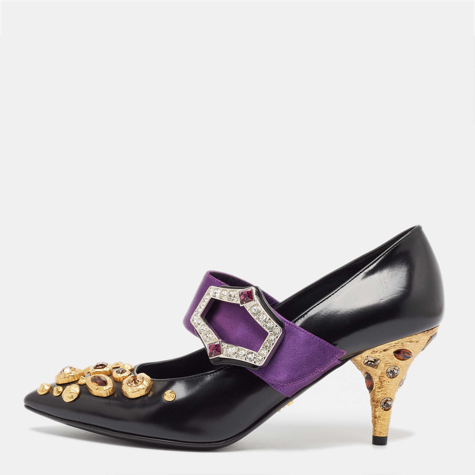 

Prada Black/Purple Leather and Satin Crystal Embellished Mary Jane Pumps Size