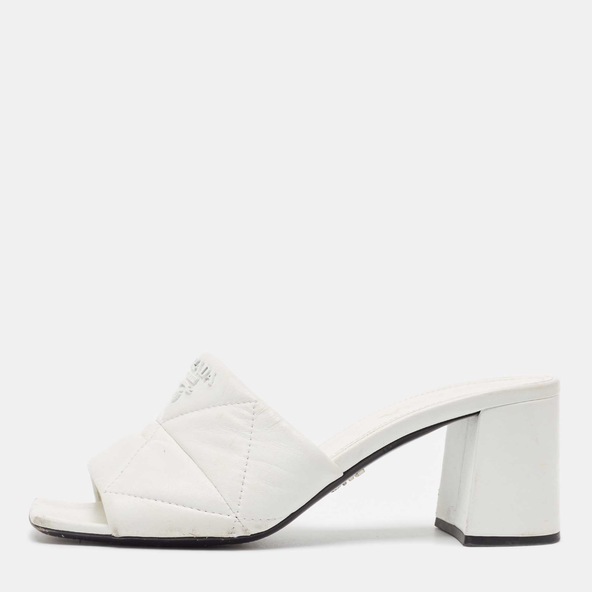 

Prada White Quilted Leather Slide Sandals Size