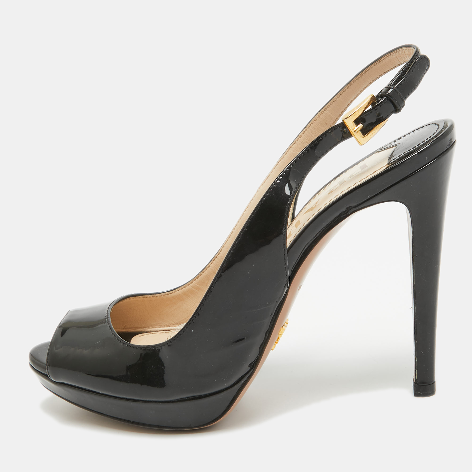 

Prada Black Patent Leather Peep Toe Slingback Pumps Size