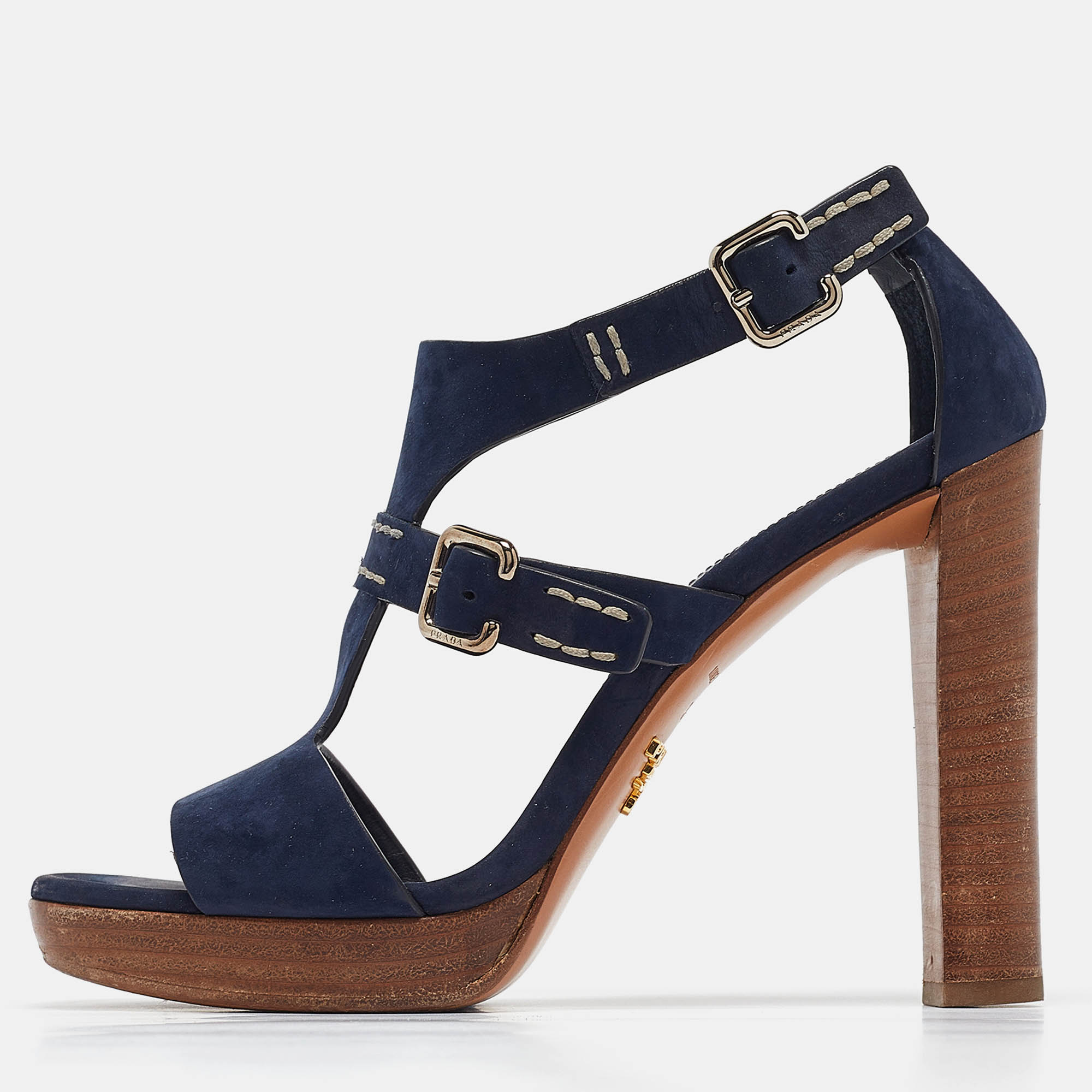 

Prada Navy Blue Nubuck Leather Platform Sandals Size